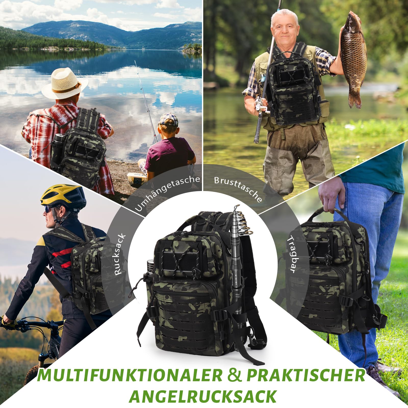 Coopay Angeltasche für Angelzubehör, Multifunktional Angelrucksack, Rucksack Wasserdicht aus Oxford-Stoff, Multifunktionale Angeltasche, Umhängetasche Schultertasche zum Angeln, Camping, Wandern