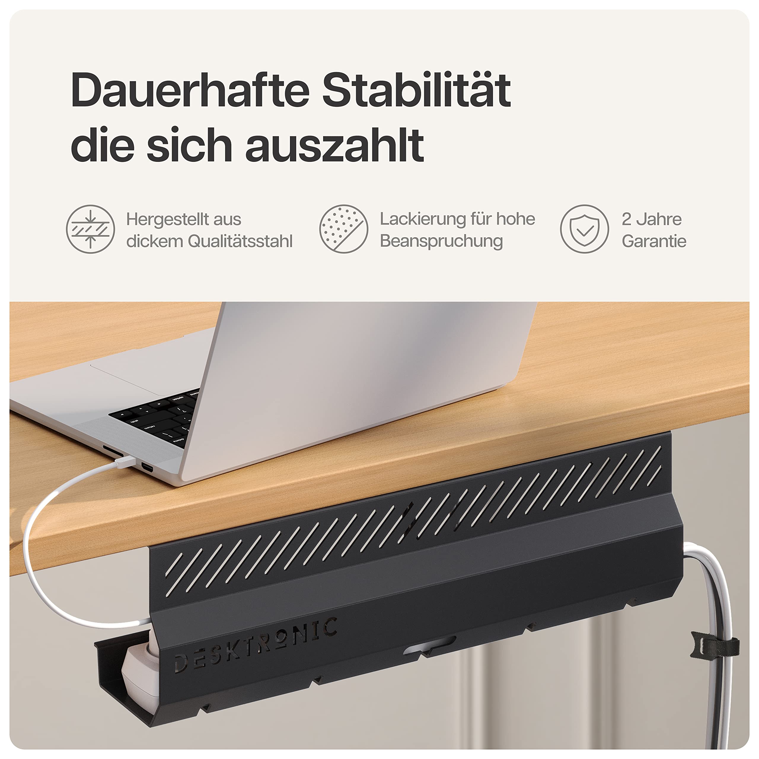 Kabelkanal Schreibtisch Schwarz 2er Set - Edelstahl Kabelmanagement Schreibtisch Kabelkanal mit 5 Kabelausschnitten - Einfach zu Installierender Kabel-Organizer - Kabelhalter von Desktronic