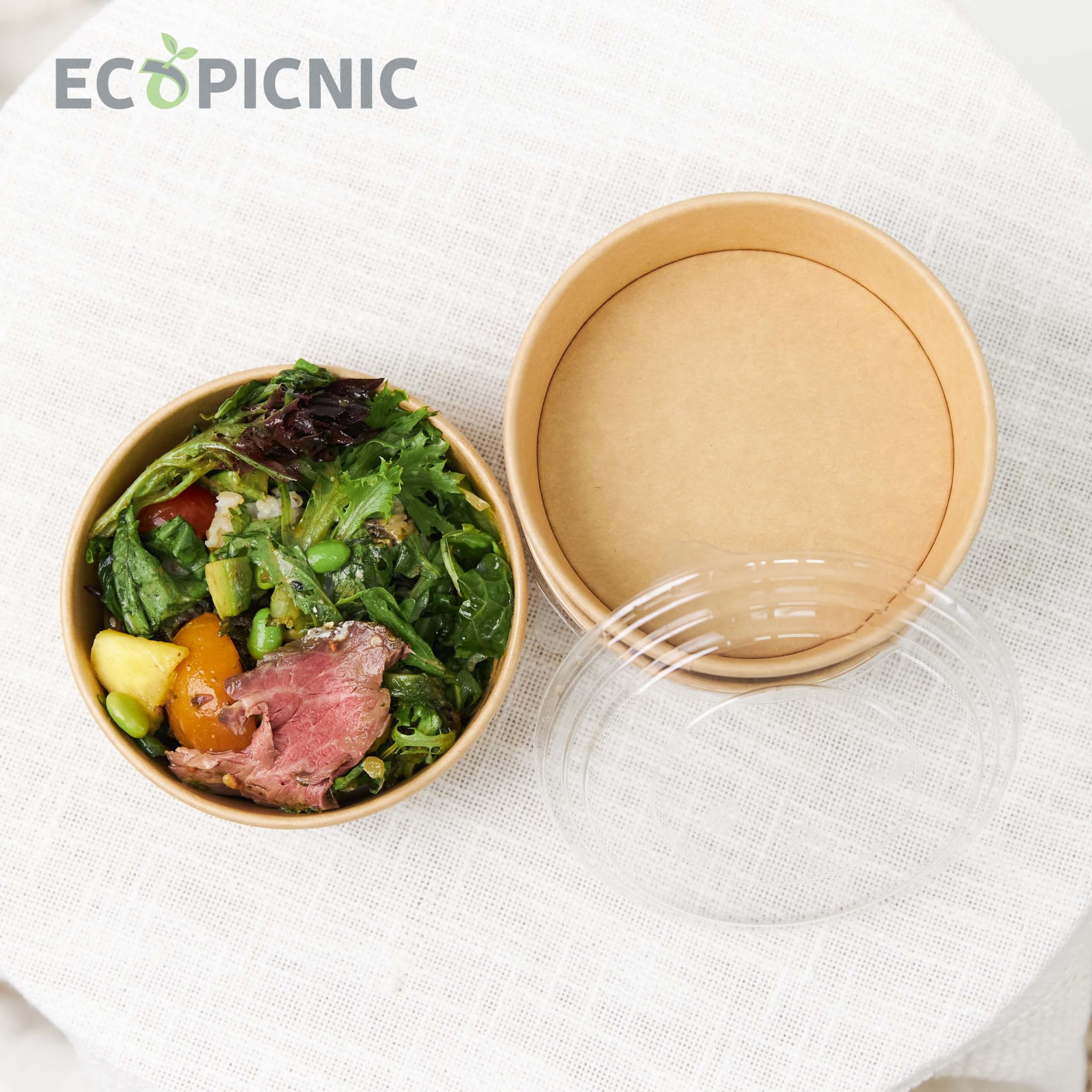 Ensaladeras Redondas de Papel Kraft con Tapa PET 300 unidades 1300 ml | Cuencos desechables de cartón kraft con tapa, ideales para ensaladas, sopas, aperitivos y alimentos para llevar