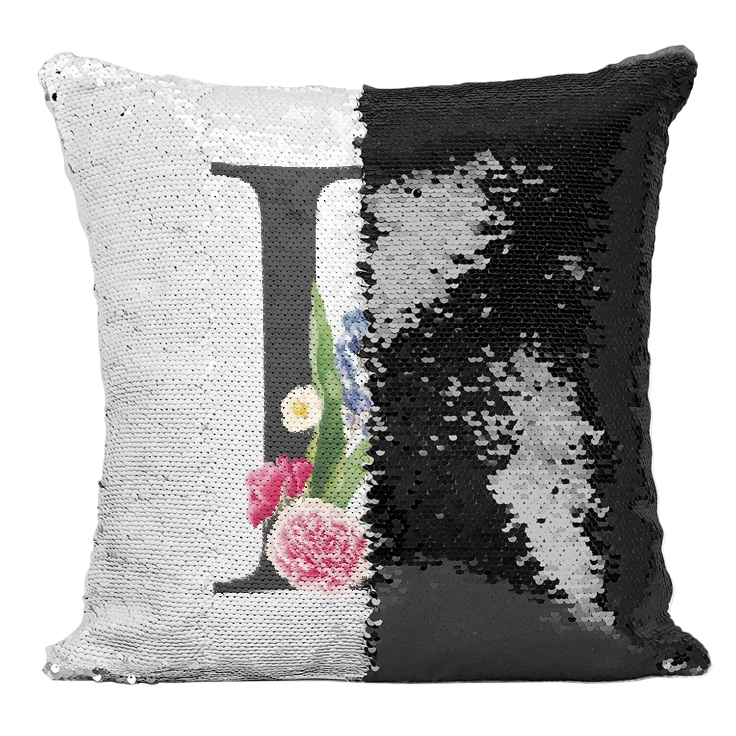 Coussin sequin noir lettre L alphabet fleurs pour sublimer la décoration de votre salon