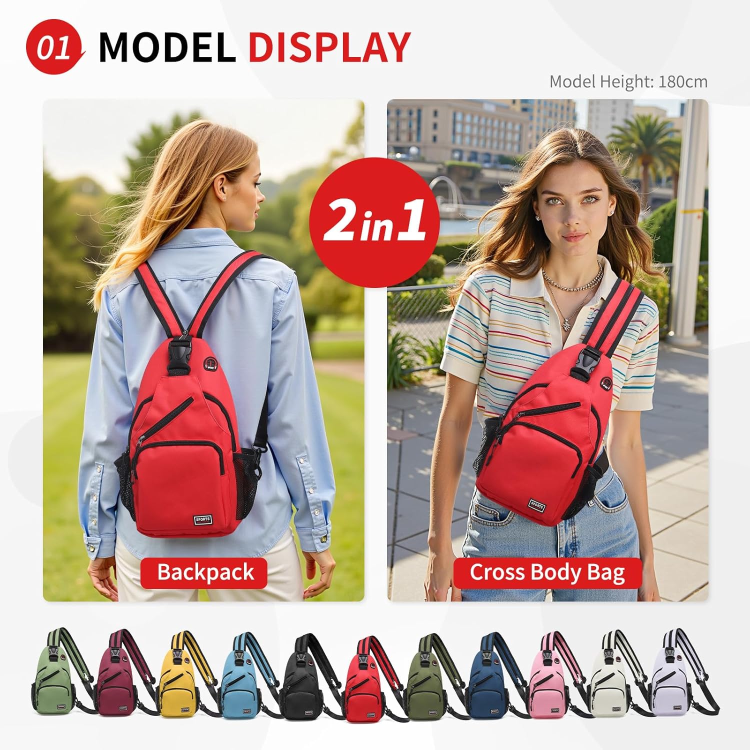 Convertible Sling Bag Crossbody Backpack, 11" Tablet Bags with Headphone Jack Shoulder Bag Casual Pack for Women Men Hiking Travel (Red) - Image 2