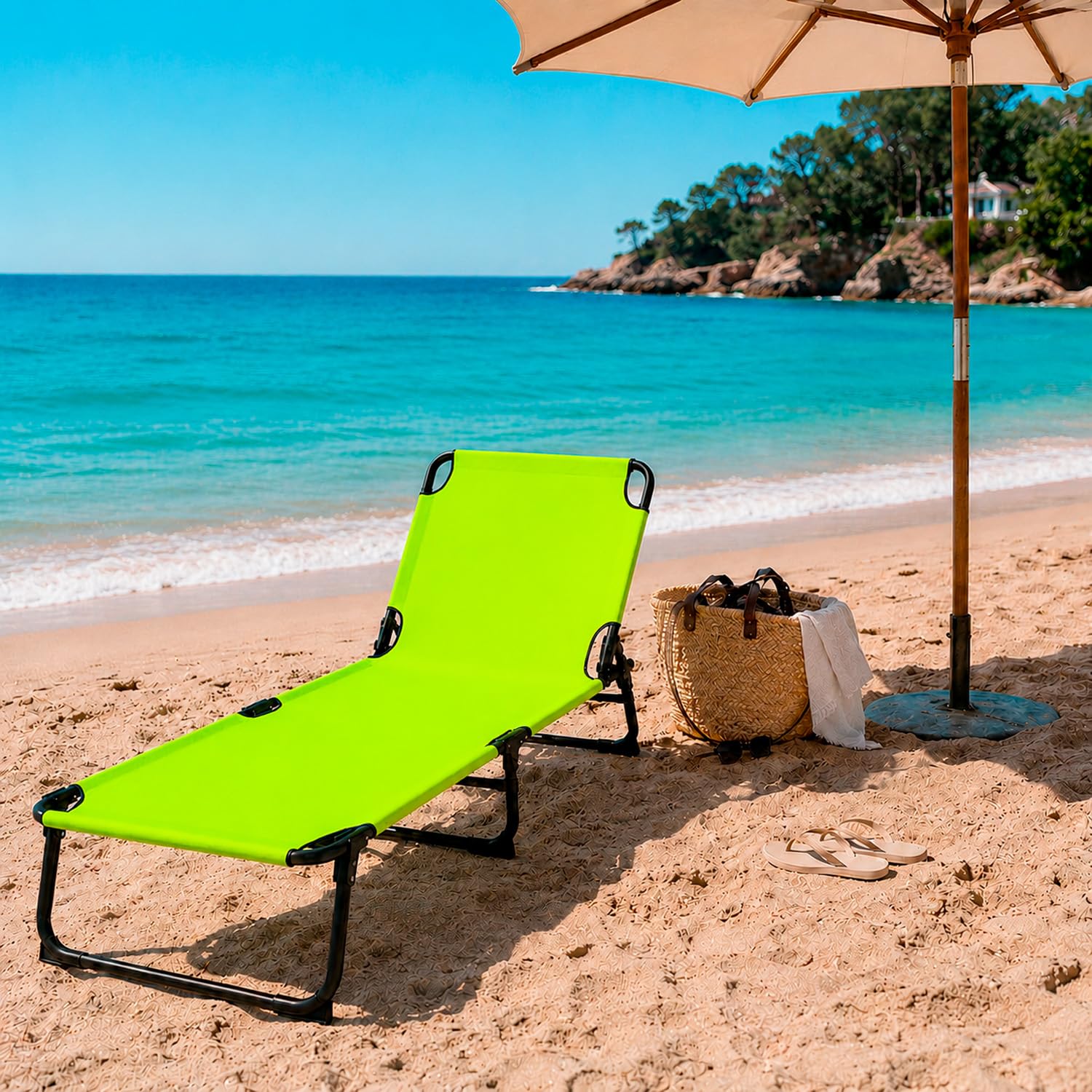 Lettino Mare Pieghevole Prendisole Schienale Regolabile Reclinabile Struttura In Metallo Nero Sedia Relax Per Spiaggia Campeggio Piscina Giardino 187 x 53 x 24 Cm (Verde Fluo)