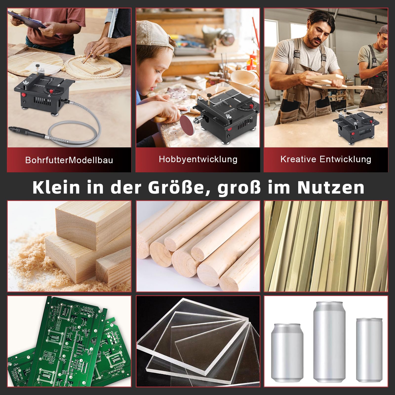 Mini tischkreissäge,100W mini kreissäge mit 4 Klingen,0,1-16 mm Einstellbarer Sägeblatthöhe,7-Gang-Drehzahlregelung,Multifunktionale tischsäge mit Flexwelle & Drehscheibe für Schleifen/Polieren/Bohrer