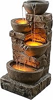 Teamson Home 33.27" Cascading Bowls Stacked Stone Outdoor Water Fountain with LED Lights, Brown