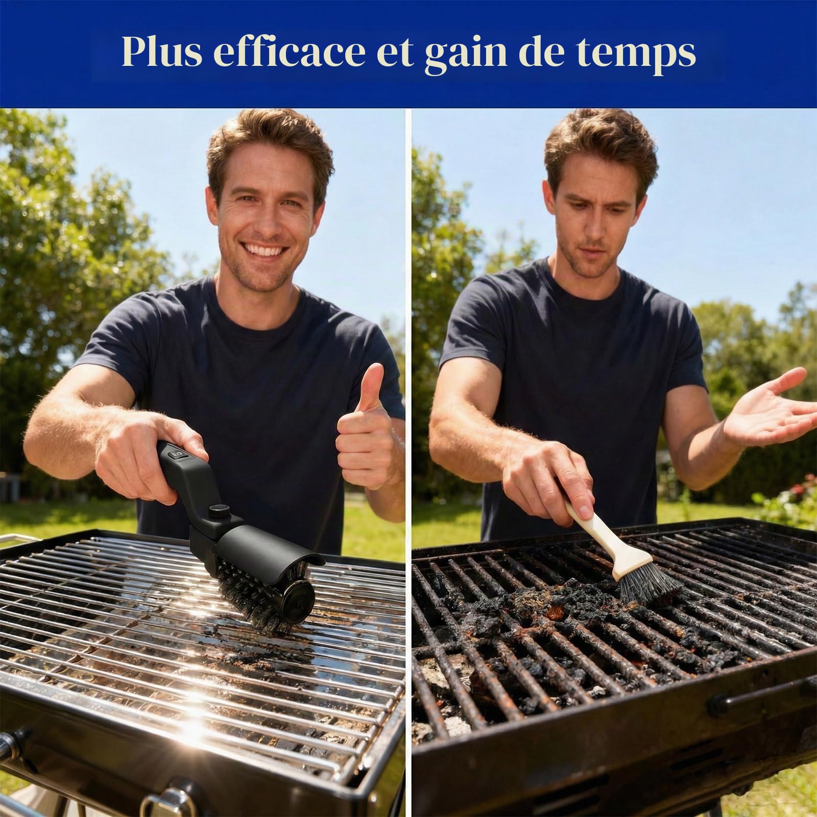 Brosse de nettoyage électrique pour gril alimentée par batterie – Tête réglable à 180°, moteur à 3 vitesses, autonomie de 90 min, étanche, têtes de brosse en acier inoxydable et nylon pour grille