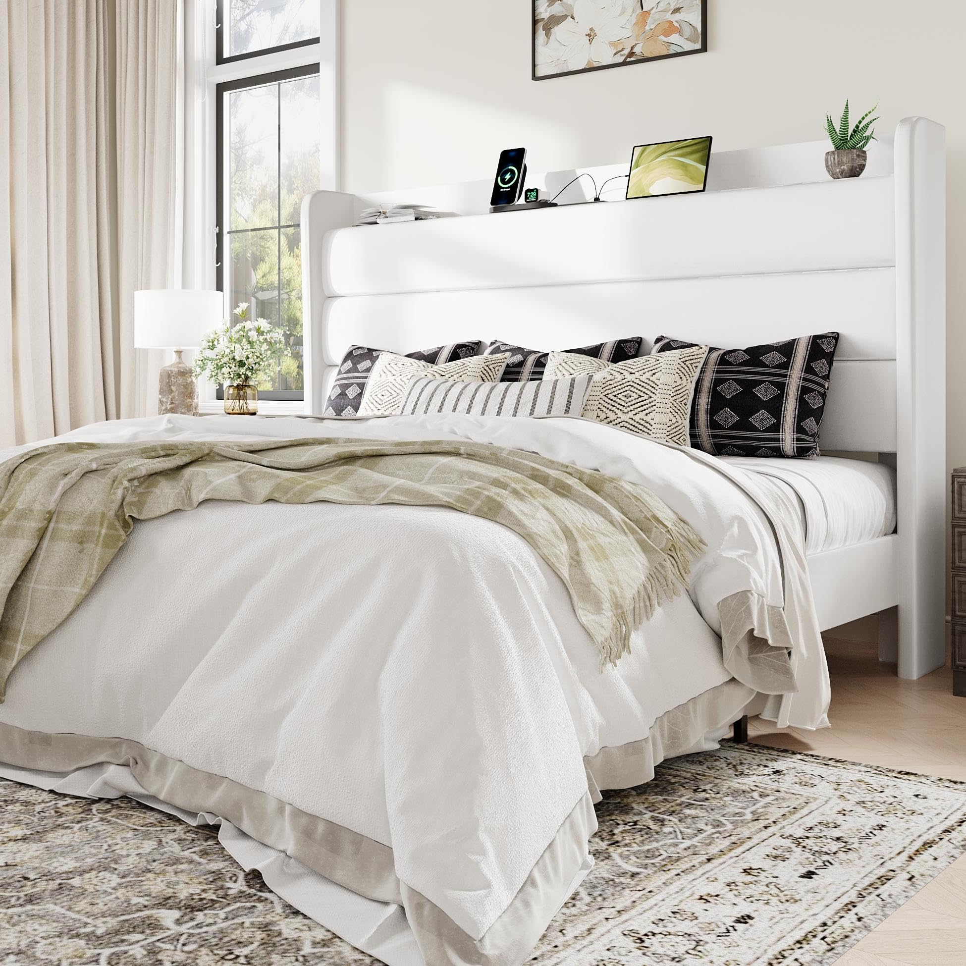 Allewie King Size Upholstered Bed Frame with Charging Station & Storage Headboard, Soft Velvet Wingback Platform Bed, Strong Wooden Slats Support, No