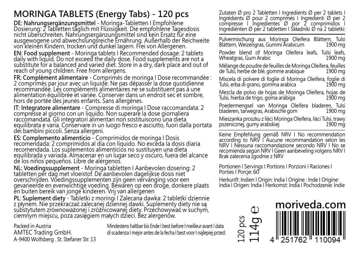 MoriVeda Comprimés Moringa Energy 3800 mg, 360 pastilles pressées avec vitamines, protéines & acides aminés, réserve de 180 jours en qualité ayurvédique haut de gamme, végan & sans gluten