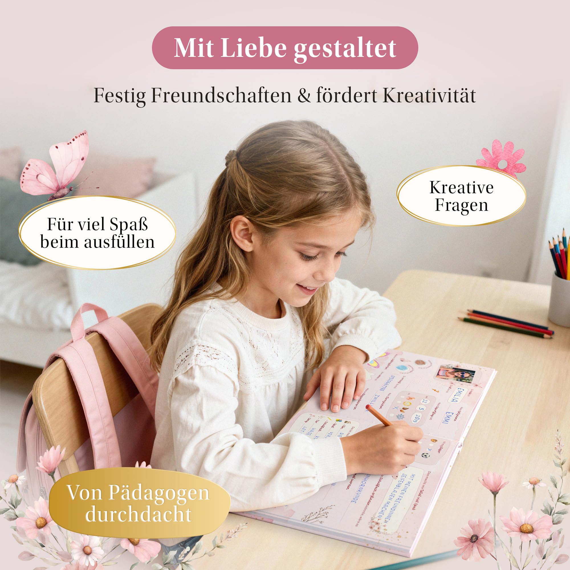 EULENTALER Il libro degli amici della scuola per ragazze, farfalle, disegnato da educatori, farfalle e fiori dipinti a mano, regalo per l'inizio della scuola, goffratura oro, libro degli amici della
