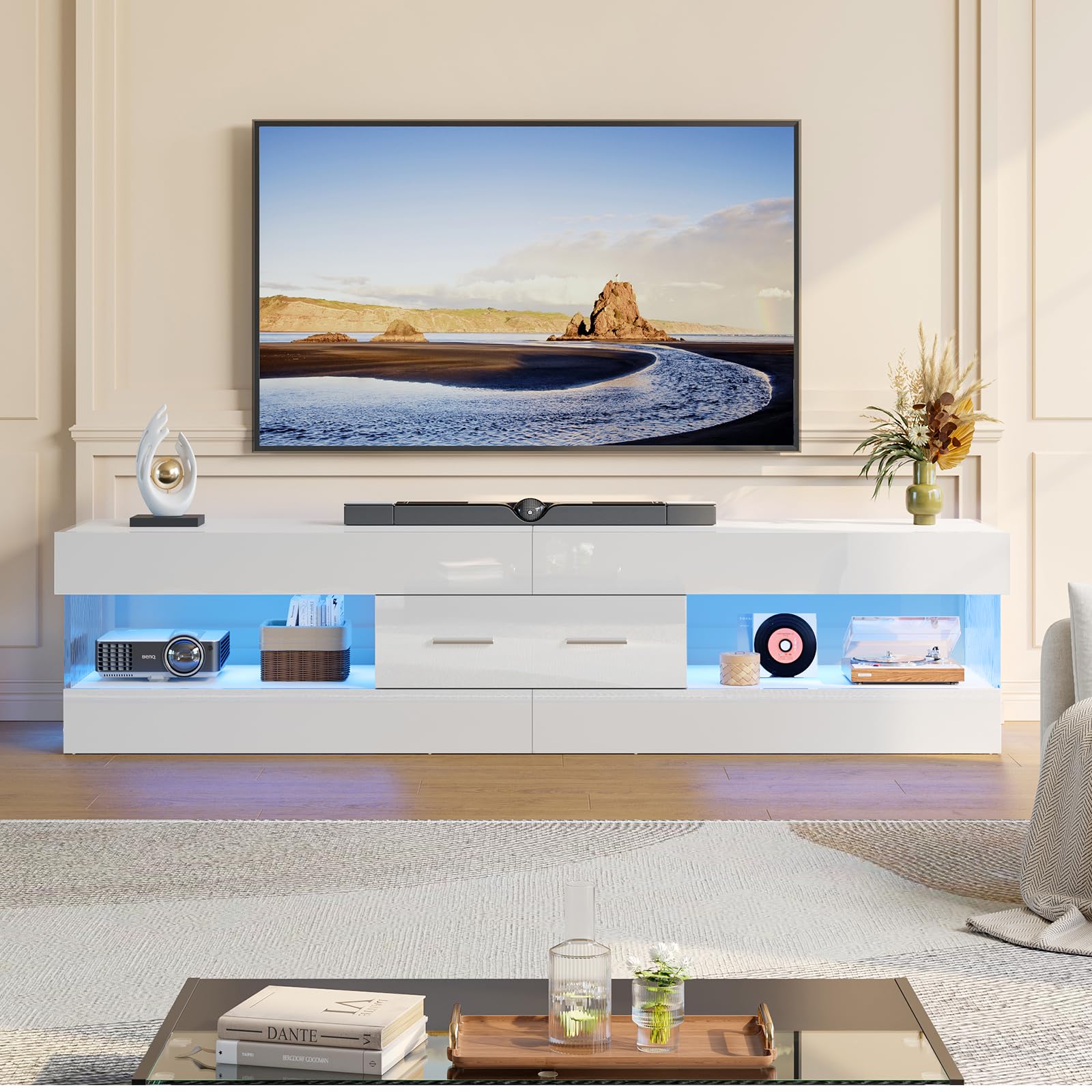 Bestier Mobile TV per TV da 75 pollici,moderno mobile TV laccato lucido,centro di intrattenimento a LED con ampio cassetto,consolle TV per soggiorno e camera da letto(bianco)