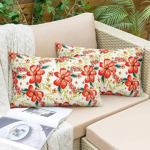 Pyonic Outdoor Floral Waterproof Throw Pillow Covers 12X20 inch - Patio Furniture, Garden Lumbar Pillows (Set of 2)