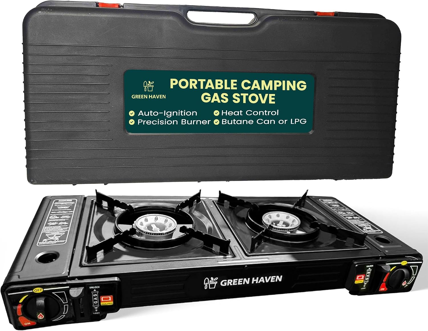 Green Haven Double Burner Camping Stove, Portable Butane Gas or LPG Cooker with Grill Plate and Outdoor Gas Cooker – Camping Cooker for BBQ Caravan