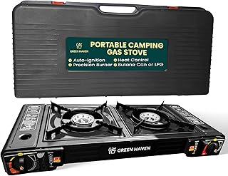 Green Haven Double Burner Camping Stove, Portable Butane Gas or LPG Cooker with Grill Plate and Outdoor Gas Cooker - Camping Cooker for BBQ Caravan