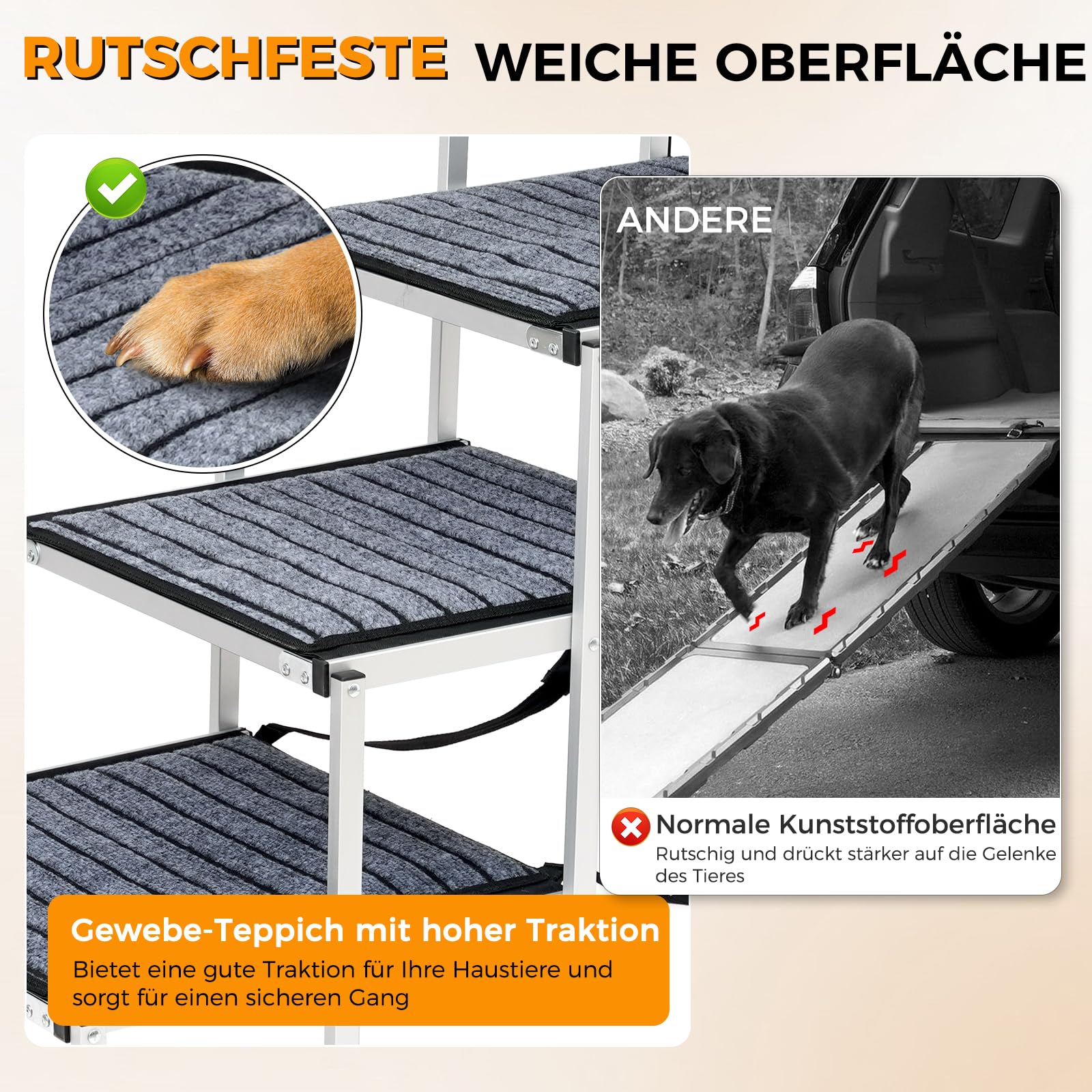 Hundetreppe Auto Für Große Hunde mit Teppich, Extra Breit 4 Stufen Hunderampe Auto Klappbar,Leichte Hunderampe Auto Klappbar, rutschfeste Hundetreppe für Lastwagen und SUV, Unterstützung bis 100 KG