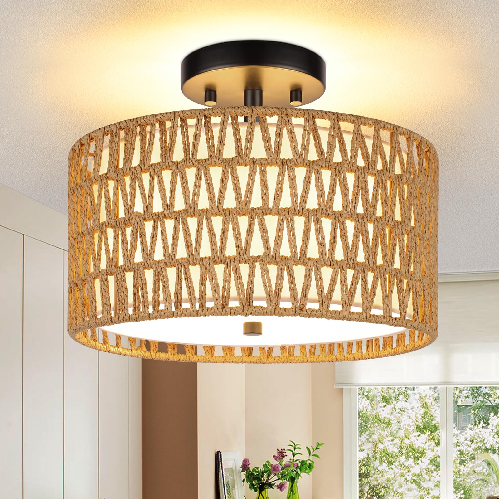 Semi Flush Mount Ceiling Light Fixture, 3-Light Farmhouse Drum Light with Woven Rattan and Fabric Double Shade, Modern Handmade Boho Rattan Lighting for Bedroom Kitchen Foyer Hallway Living Room