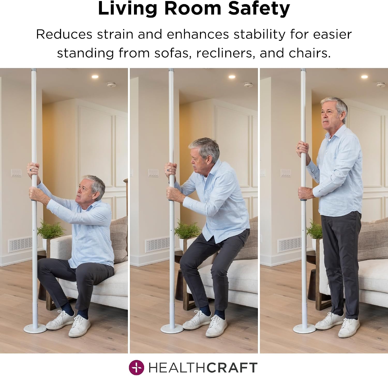 HEALTHCRAFT uPole, 7-10 Feet Security Pole for Seniors, Floor to Ceiling Grab Bar (Tension Mounted), Toilet Safety Grab Handle for Elderly, Bedroom Support Rail (300 Lb. Capacity)