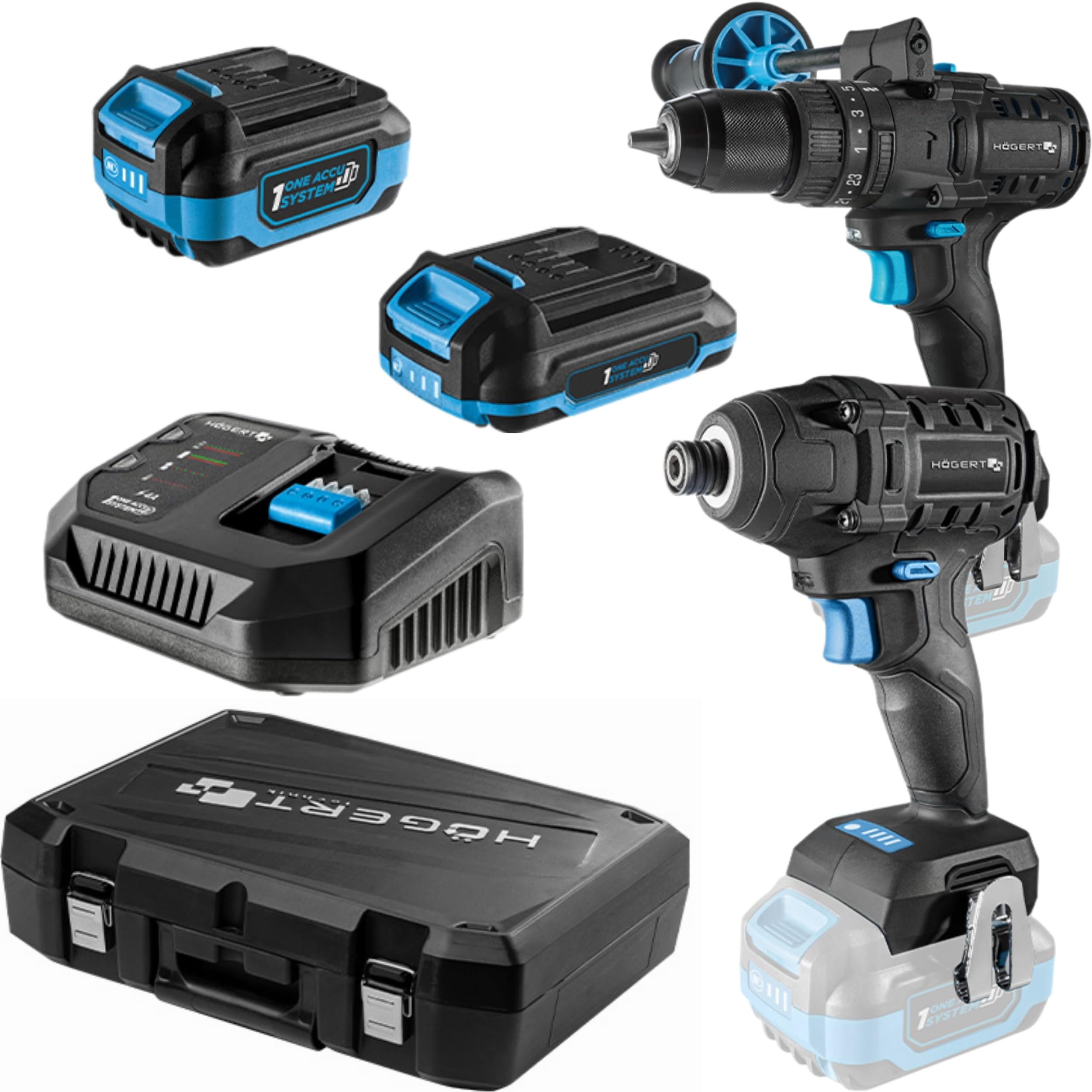 HÖGERT TECHNIK Set de taladro percutor a batería 18V, 200 Nm y 100 Nm, 2 atornilladores de impacto sin escobillas, 2 baterías, cargador 4A, iluminación LED, engranaje metálico, para madera y metal
