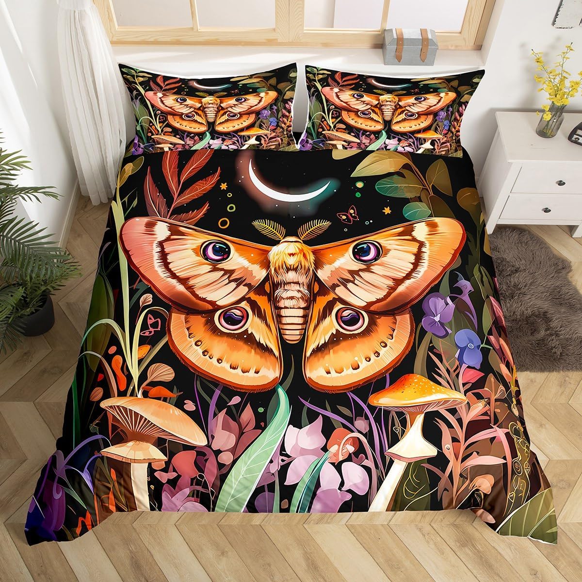 Erosebridal Butterfly Toddler Bedding Sets Wildflower Butterfly Duvet Cover,Forest Mushroom Bed Set Dark Cottagecore Mushroom Bed Cover,No Comforter