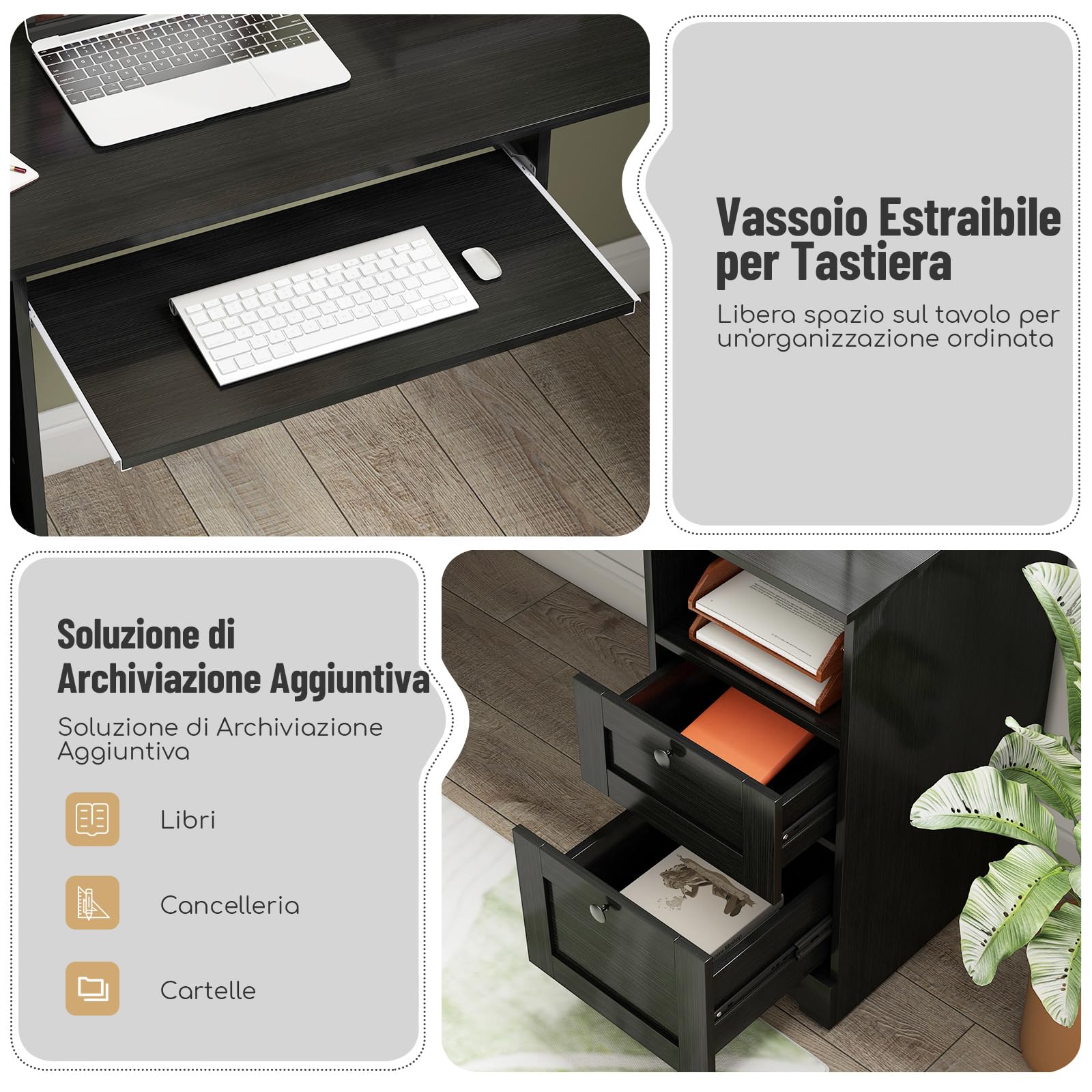 COSTWAY Scrivania Angolare con Prese di Corrente, Scrivania ad Angolo Moderna con 2 Cassetti, Armadio, Mensola Regolabile e Vassoio per Tastiera, Ideale per Gaming, Lavoro e Scrittura (Nero)