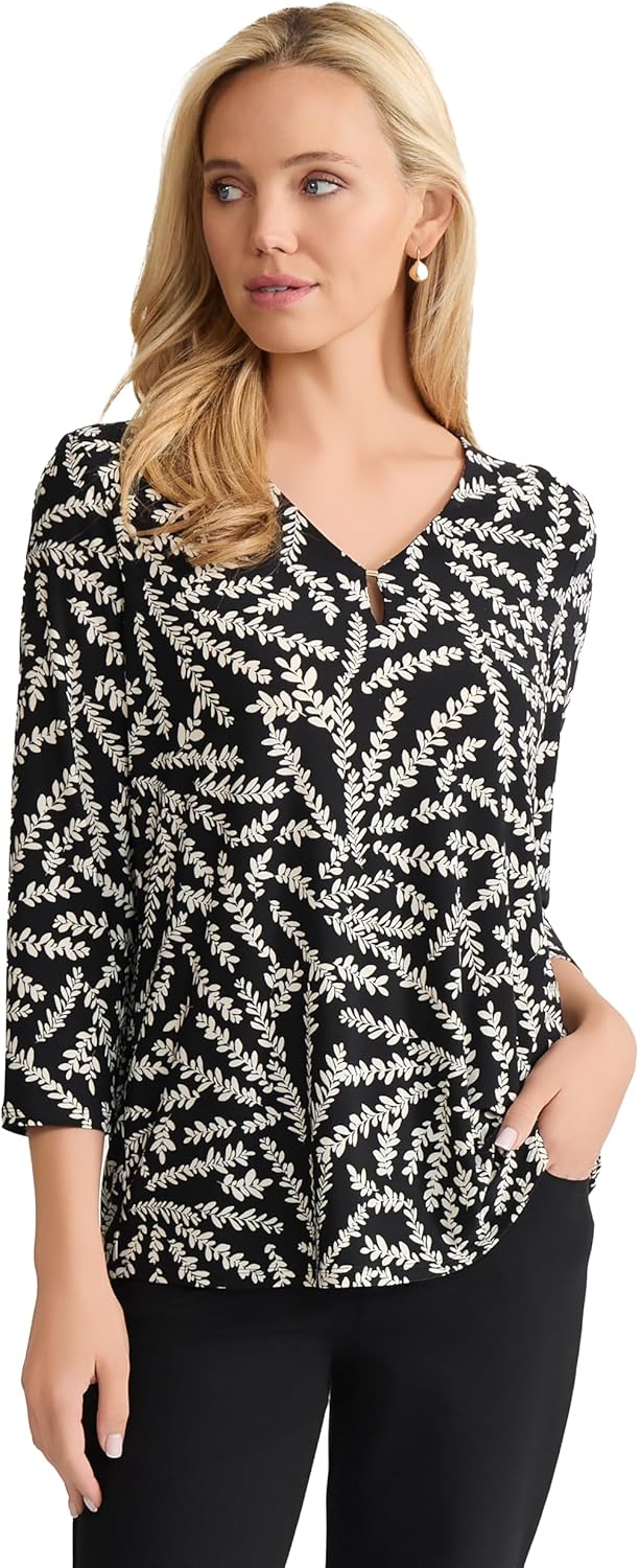 Jones New York Womens 3/4 Sleeve V-Neck Printed Jersey Top