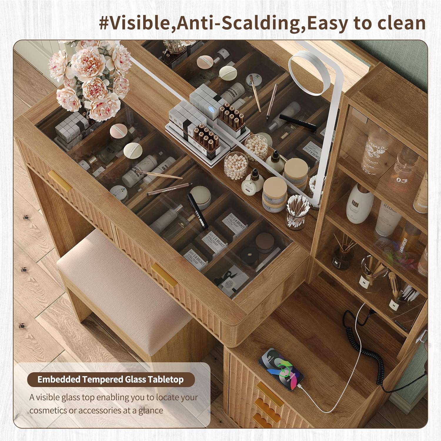 Fluted Vanity Desk with 3-Color LED Mirror, 43.3" Makeup Vanity with Glass Top & Glass Door, 6-Drawer Wood Vanity with Charging Station, Includes Vanity Stool, Natural Oak