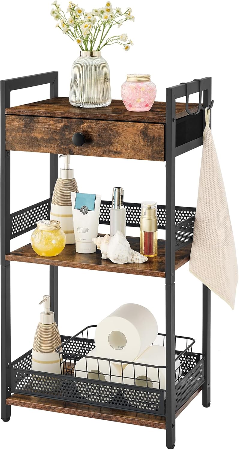 FAVOOSTY Bathroom Ladder Shelf, 3-Tier Bathroom Floor Storage Shelf with Drawer, Freestanding Towel Shelf, Bookcase End Table Open Shelving Unit for Living Room,Balcony, Rustic Brown FAVOOSTY Bathroom Ladder Shelf, 3-Tier Bathroom Floor Storage Shelf with Drawer, Freestanding Towel Shelf, Bookcase End Table Open Shelving Unit for Living Room,Balcony, Rustic Brown