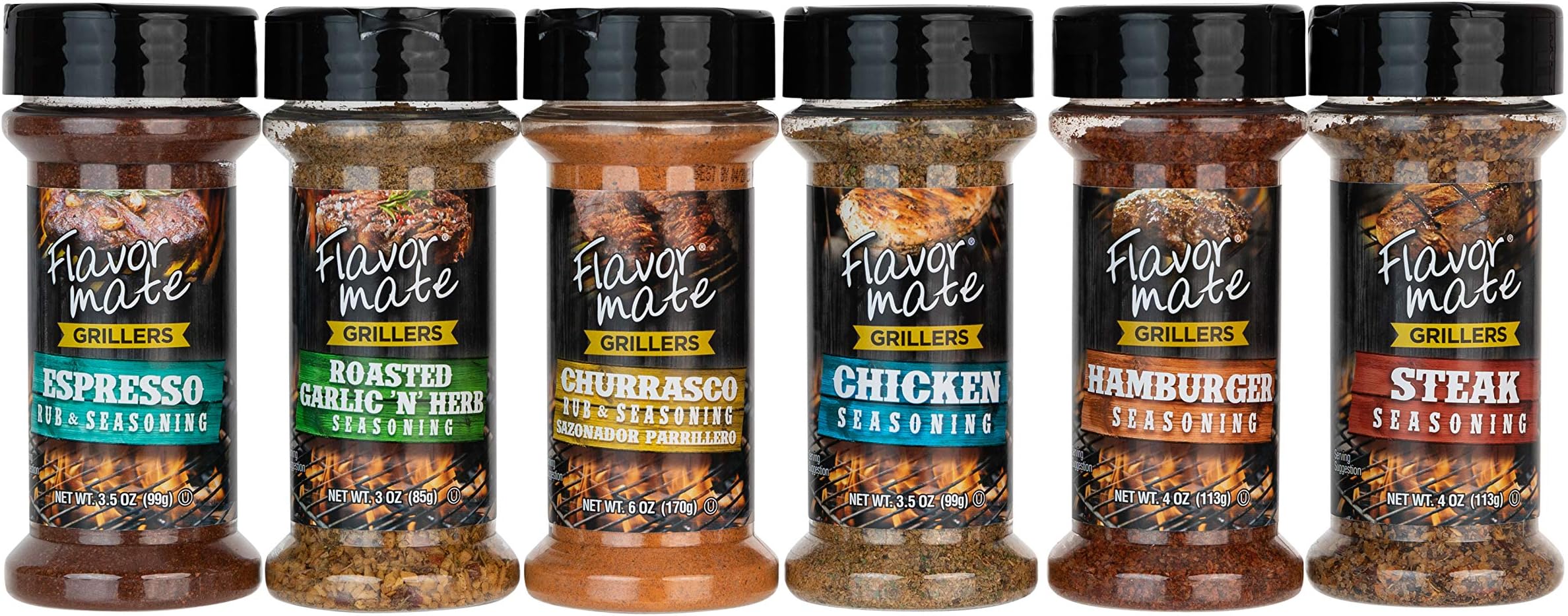 Flavor Mate Grillers Everyday Grilling Variety Pack - Steak ,Churrasco, Espresso, Hamburger ,Roasted Garlic N Herb , Chicken Seasoning - 6 Count