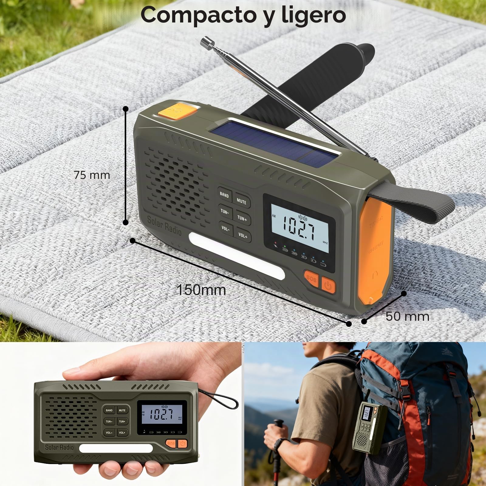 Radio Solar de Emergencia,Radio a Pilas Portatil Batería de 4500 MAh,Am/FM Radio Emergencia con Manivela,Pantalla, Kit de Emergencia Que Incluye Linterna,SOS Alarma y Cargador de Móviles USB