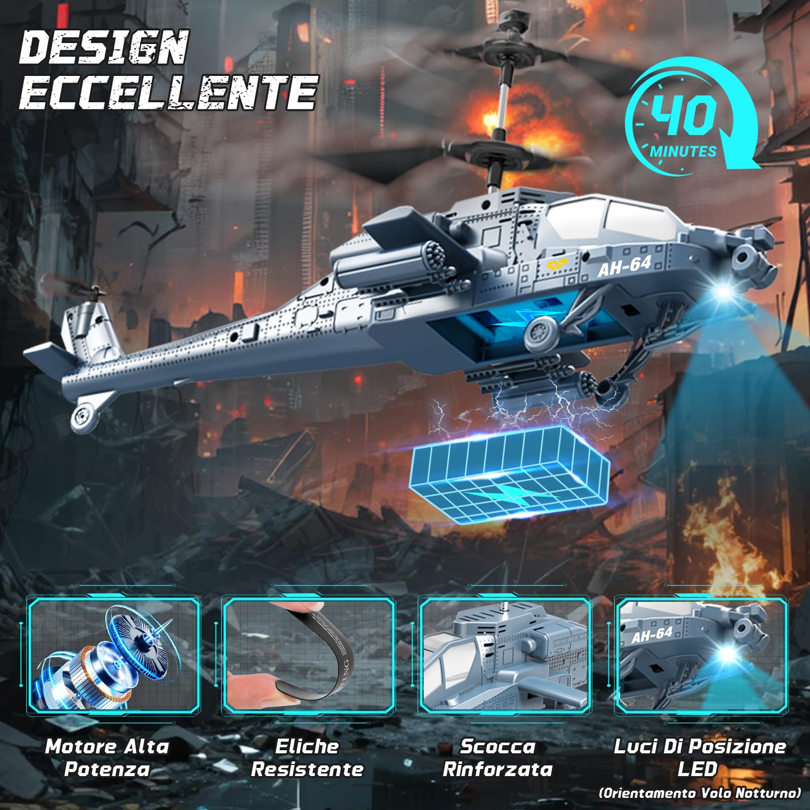 Charmofun Elicottero Telecomandato, 2.4Ghz Elicottero Radiocomandato con Luce e 3 batterie, 40 Minuti di Volo, 3.5 Canali Elicotteri RC, Aereo Telecomandato Regalo per Bambini da 8+ Anni (Blu)