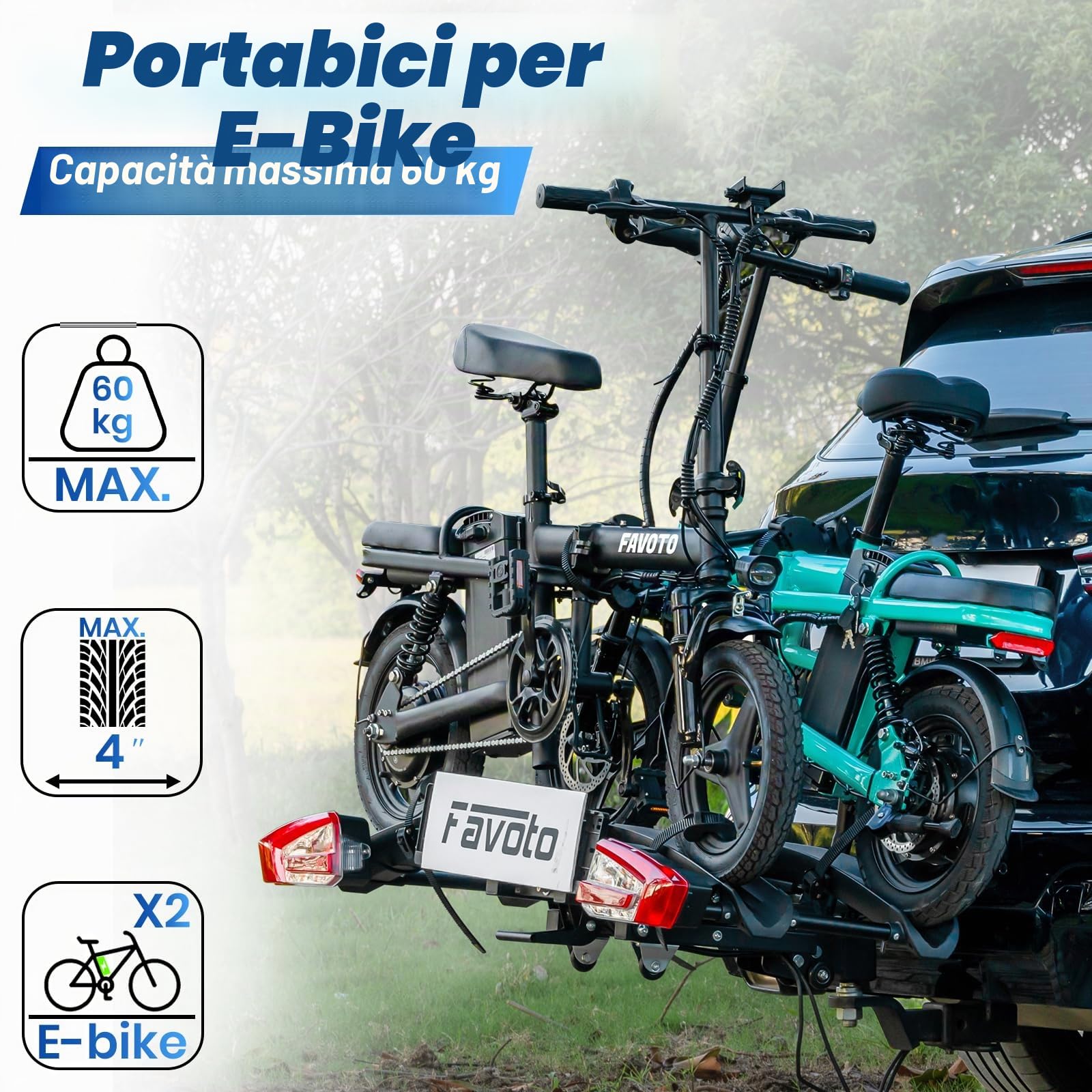 Favoto Portabici per E-Bike con Rampa Pieghevole – Gancio Traino in Alluminio per 2 Bici fino a 60kg con Fanali Posteriori Serratura Antifurto e Porta Targa Compatibile con Pneumatici fino a 26x4.0"