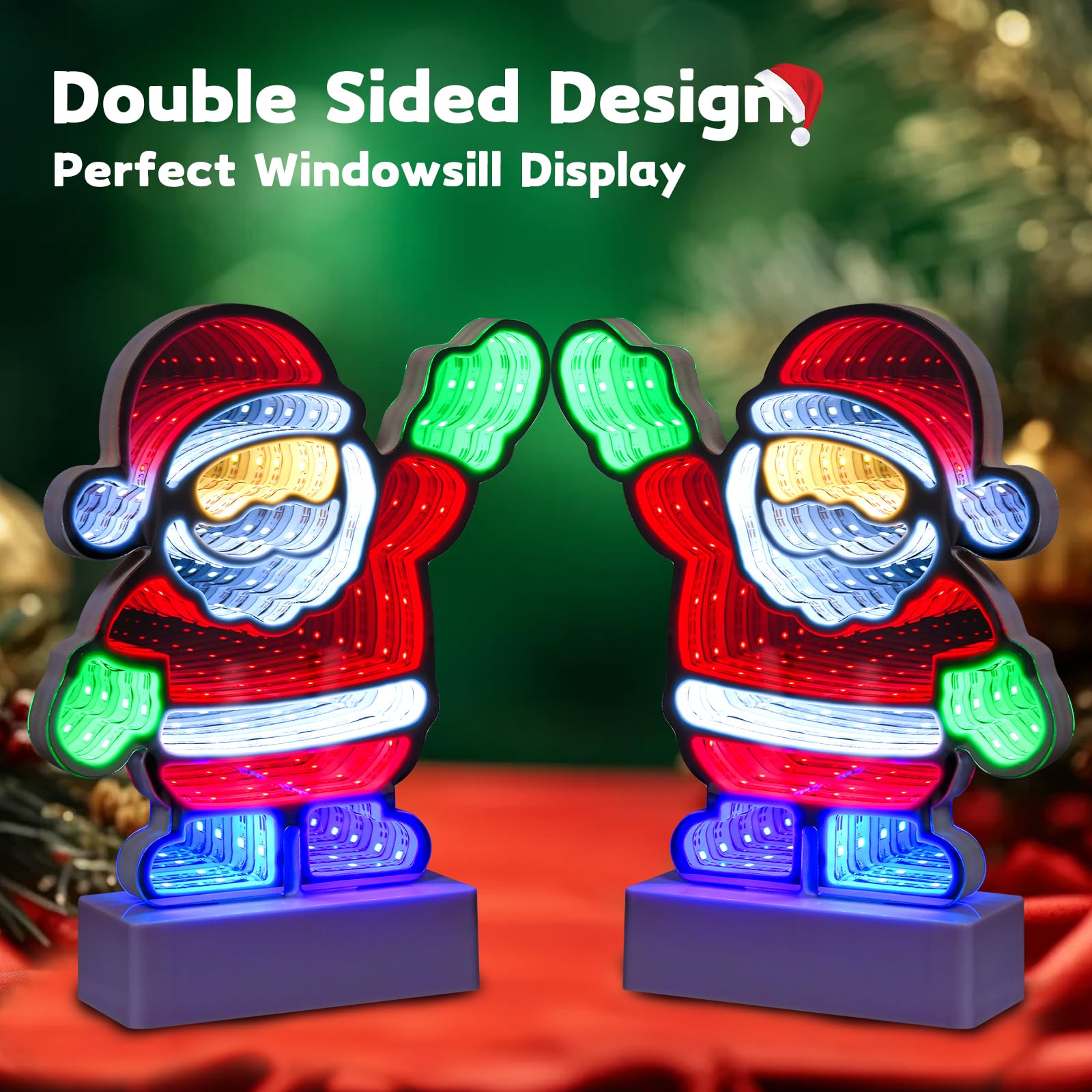 Gresonic Luci dell'infinito natalizio, Babbo Natale, albero di Natale, decorazione da tavolo, mini Babbo Natale con luci, decorazioni per specchio di Natale (3 pezzi