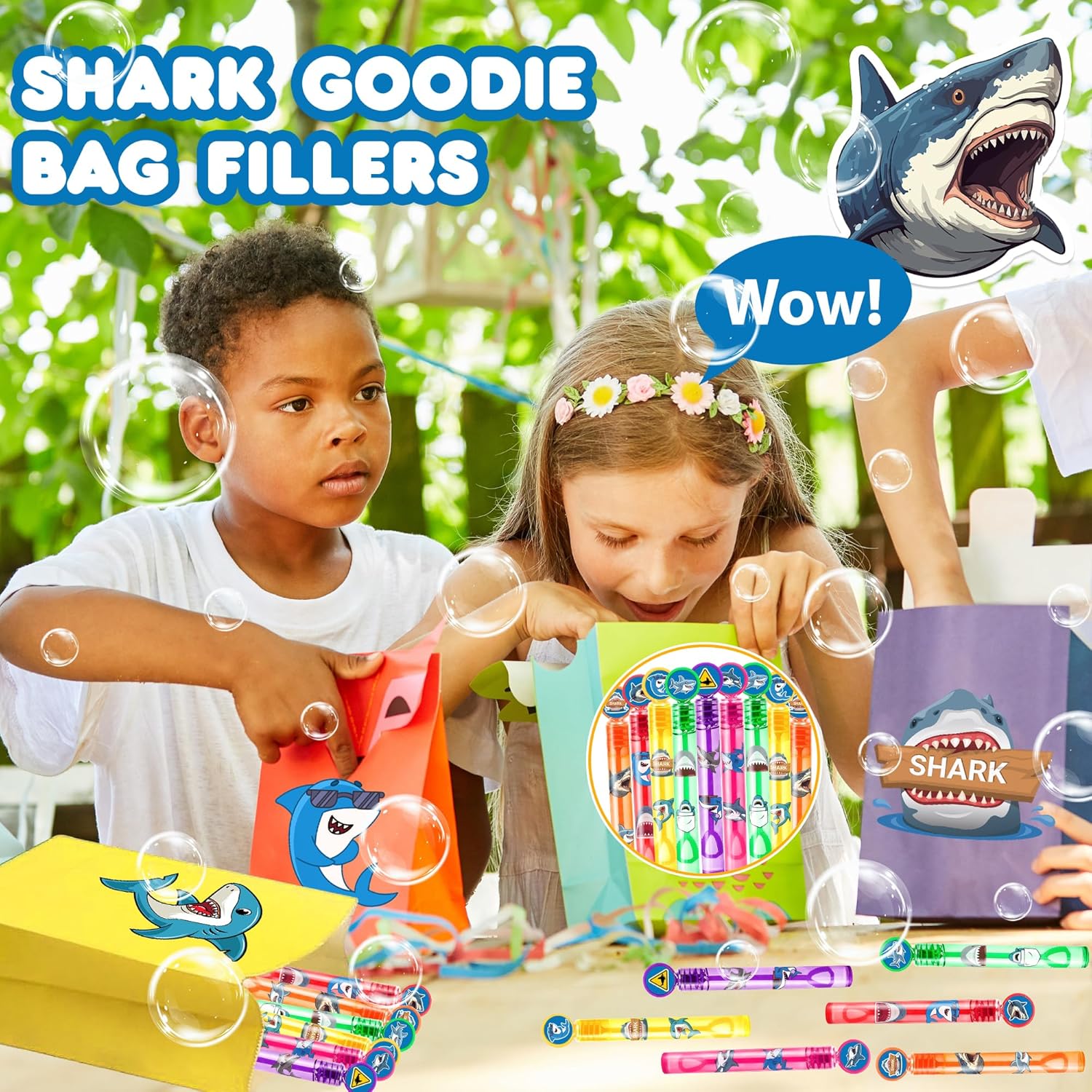 24PCS Shark DIY Bubble Wands Party Favors 96PCS Stickers for Goodie Bag Fillers Pinata Stuffers, Mini Bubble Bulk Birthday Party Supplies Toys Gifts Class Prizes for Toddlers Boys Girls