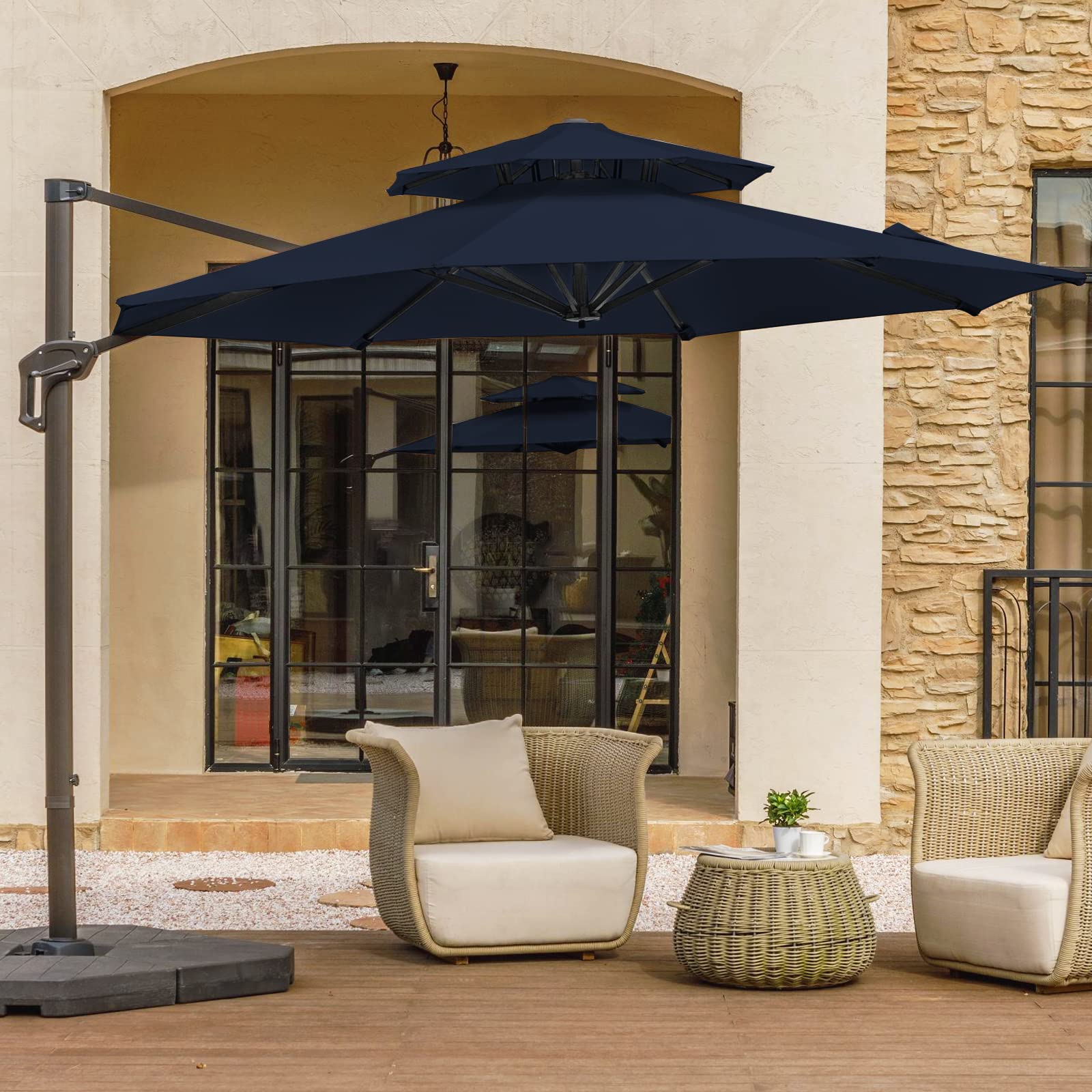 Amazon.com : wikiwiki 11 FT 2 Tires Cantilever Patio Umbrella, Offset Umbrella Outdoor Patio, 6-Level 360°Rotation Heavy Duty Large Umbrella with Cross Base, Navy Blue : Patio, Lawn & Garden