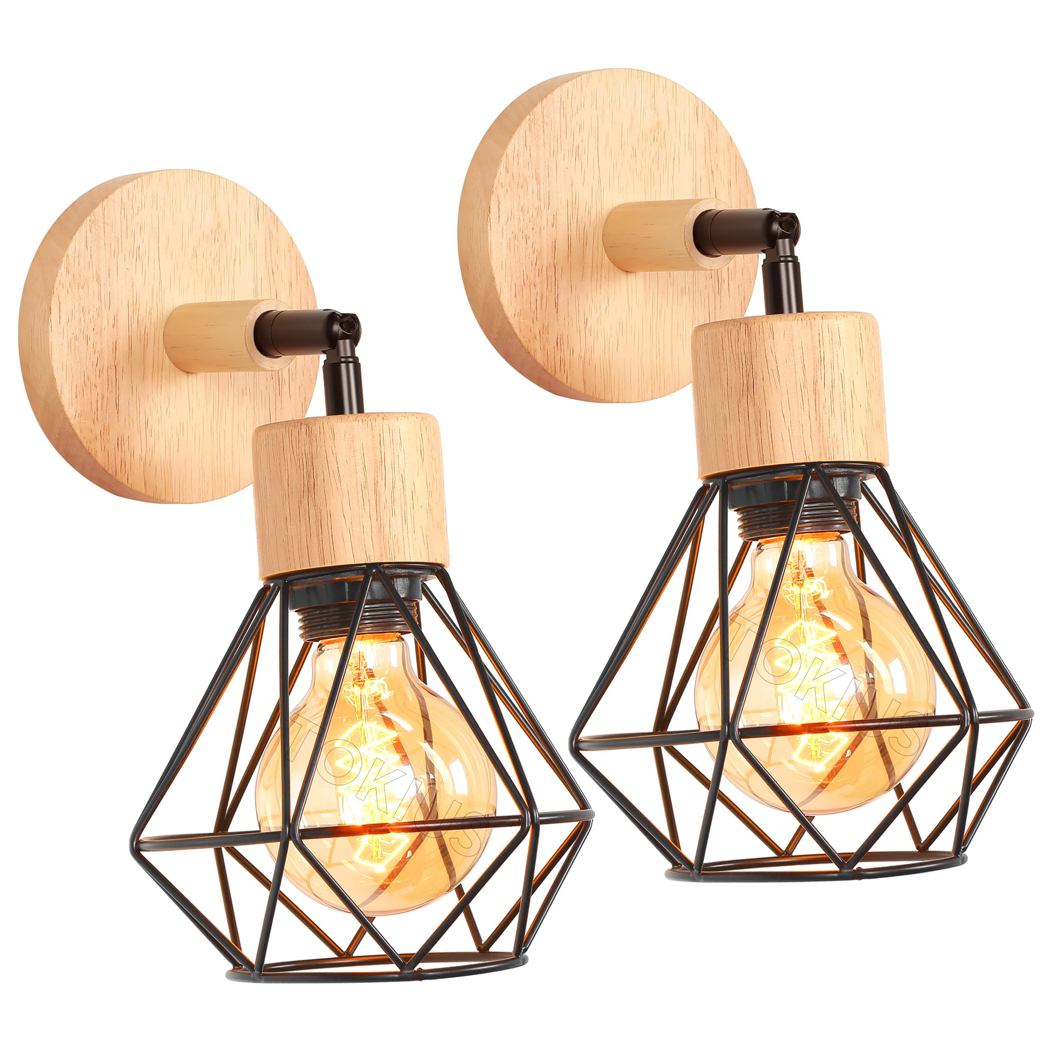 TOKIUS Apliques de Pared Vintage Diseño de Jaula de Hierro Ø 16cm Negro Industrial Lámpara Pared Interior Lámpara de Techo Ajustable para Pasillo Escalera Dormitorio (Madera, Negro, 2 Piezas)