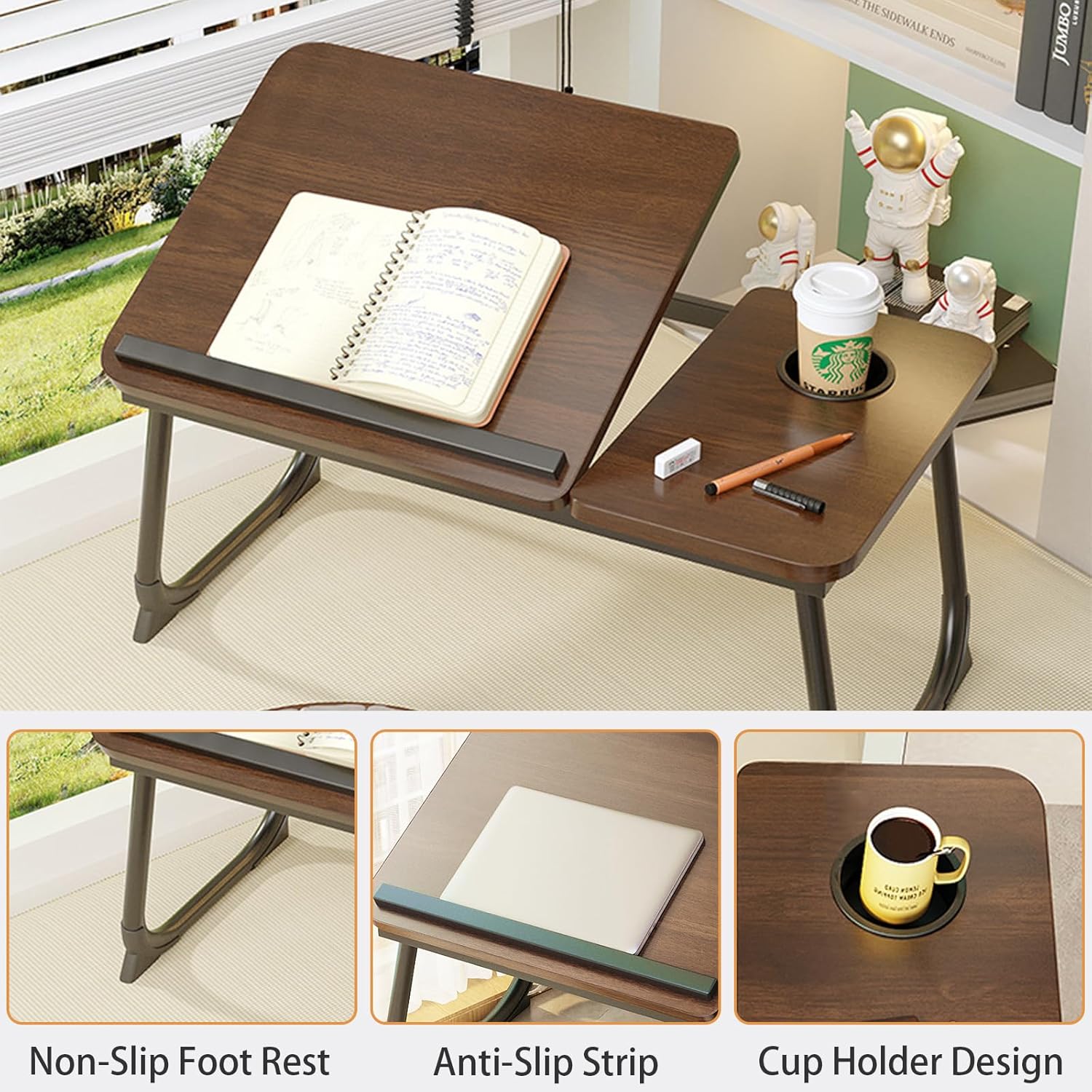 Laptop Desk for Bed, Adjustable Laptops Stand with 5 Adjustable Angles, Portable Lap Tray Table with Cup Holder, Laptop Bed Desk Tray for Eating Working Writing Reading (Brown)