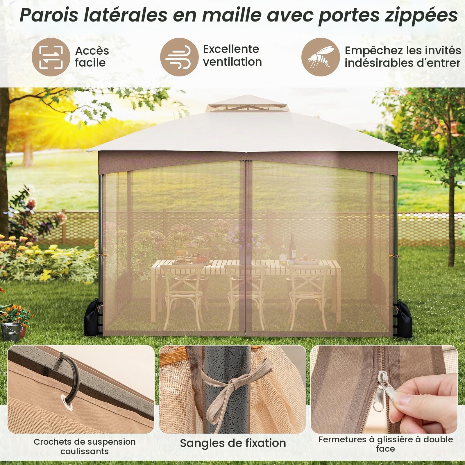 GOPLUS Tonnelle de Jardin Exterieur 3 x 3,6 m avec Moustiquaire, Lestage Poids, Pergola de Jardin Toit Double Ventilé, Piquets de Sol et 4 Sacs de Sable (3x3,6M|Beige)