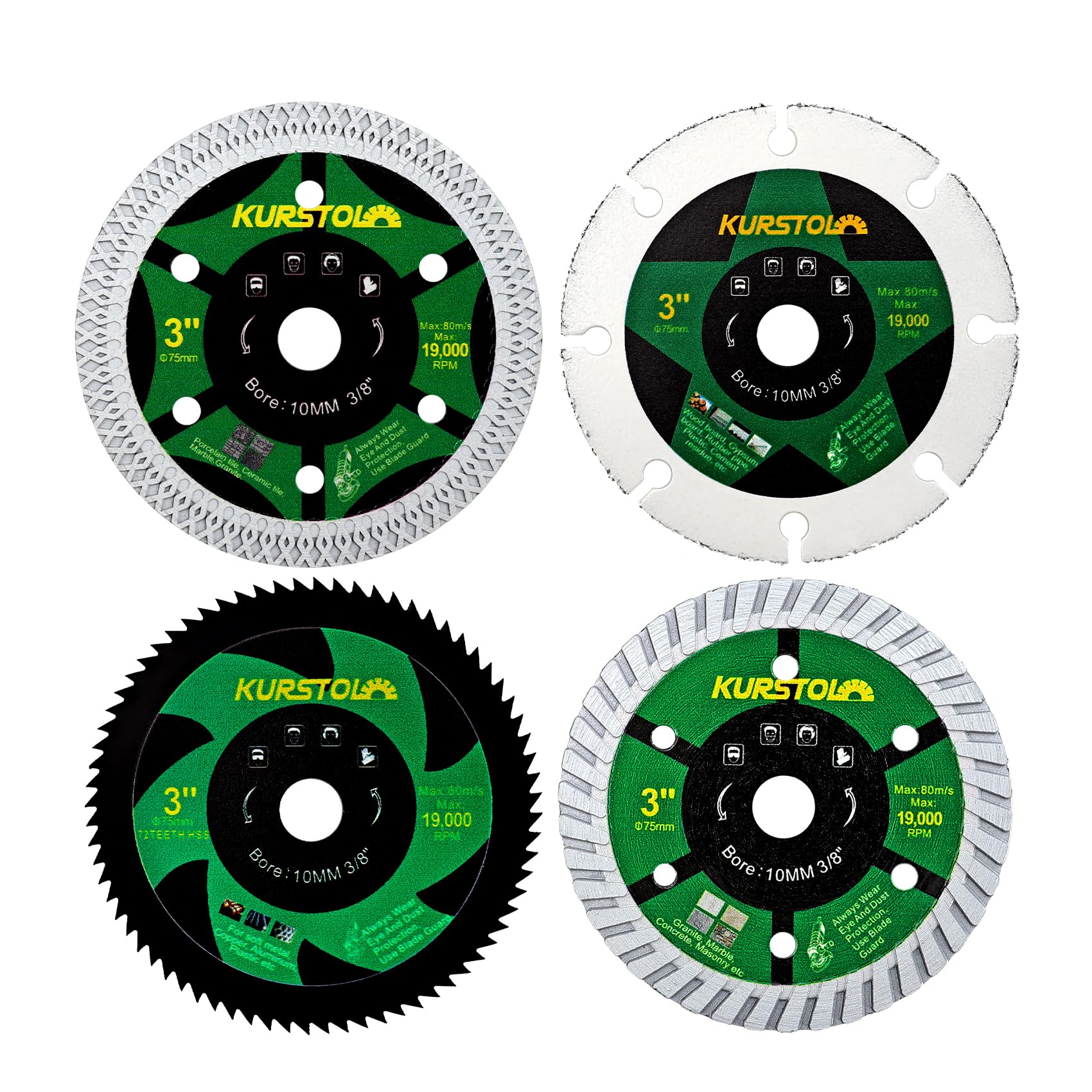 KURSTOL 3 Inch Saw Blade Set - 4pcs 75mm Cutting Disc for Tile Metal Wood Concrete, Arbor 3/8"(10mm) for Mini Angle Grinder