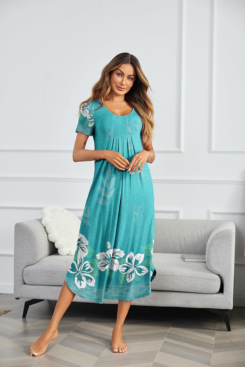 Ekouaer Long Nightgowns for Women Plus Size House Dress Short Sleeve Night Gown Pleated Full Length Loungwear S-4XL - Image 2