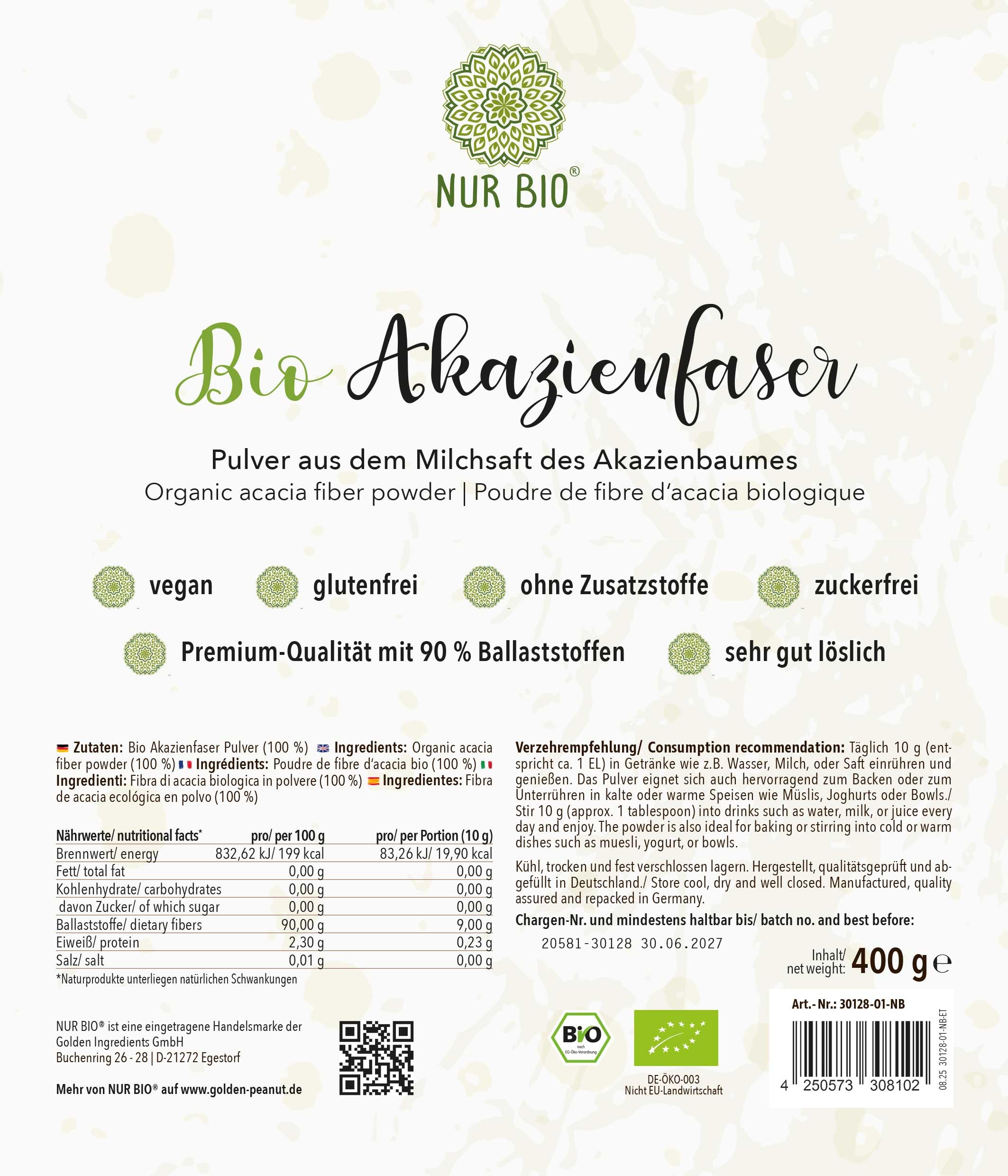 NUR BIO Bio Akazienfaser Pulver Gummi Arabicum ballaststoffreich 3x400g