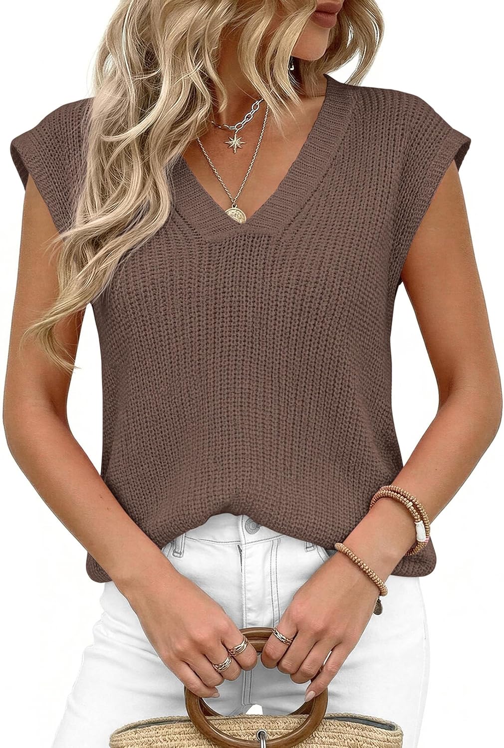 PRETTYGARDEN Women's 2026 Lightweight Sweaters Vest Spring Trendy Cap Sleeve V Neck Knit Tank Tops Summer Going Out Outfits