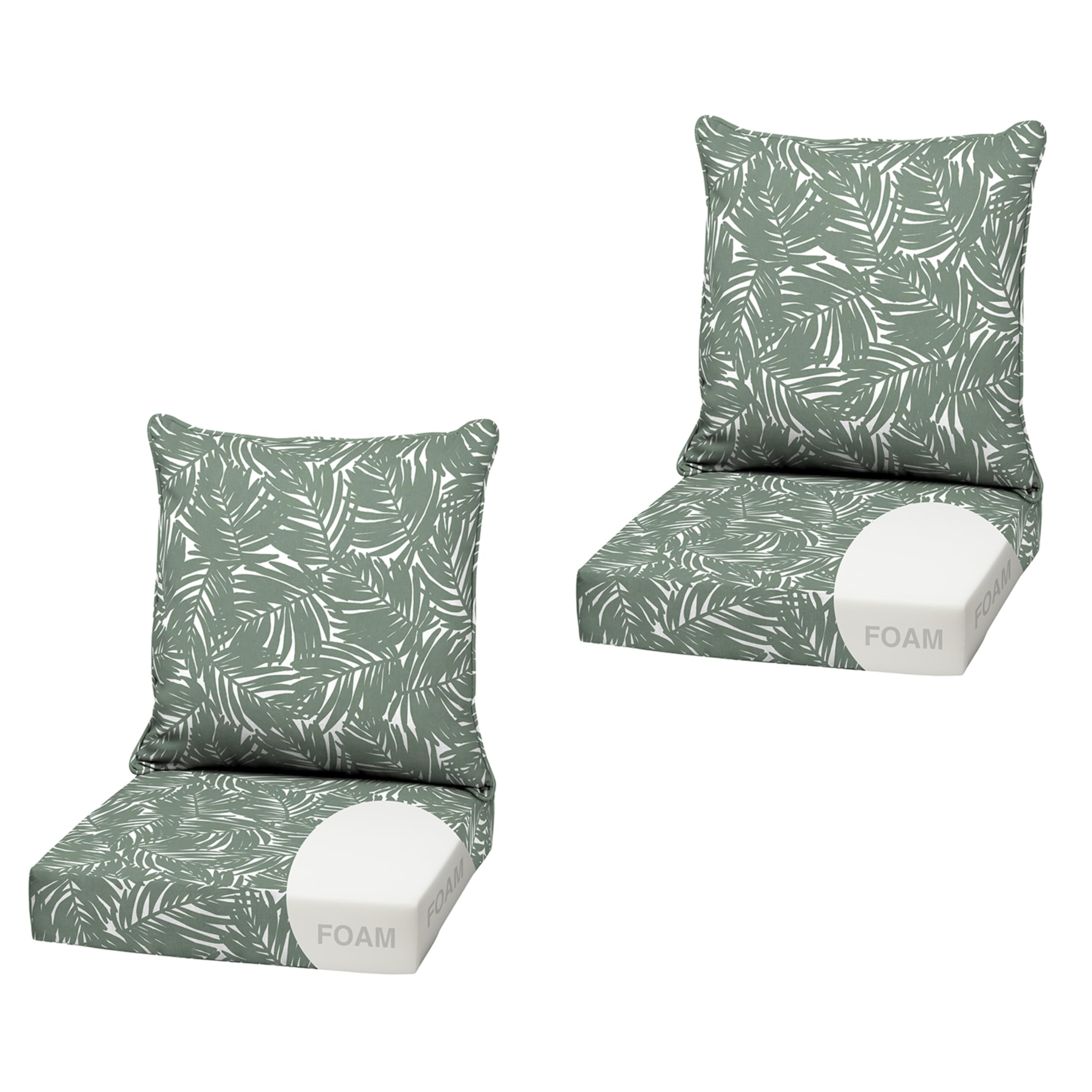 Arden Outdoor Deep Seat Cushion Set, Foam, 2-Pack, 22x24, Sage Palm