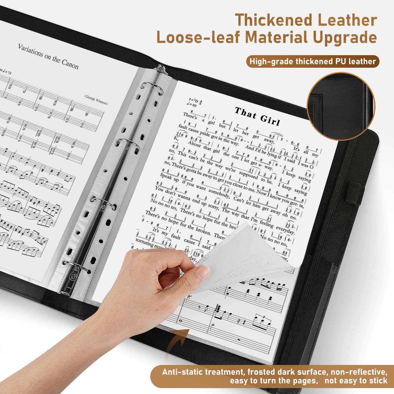Irich A4 Large Synthetic Leather Sheet Music Folder,4 Ring Thickened Synthetic Leather Music Folder,30 Pockets 60 Pages,Black,220 Maximum Sheets - Image 2