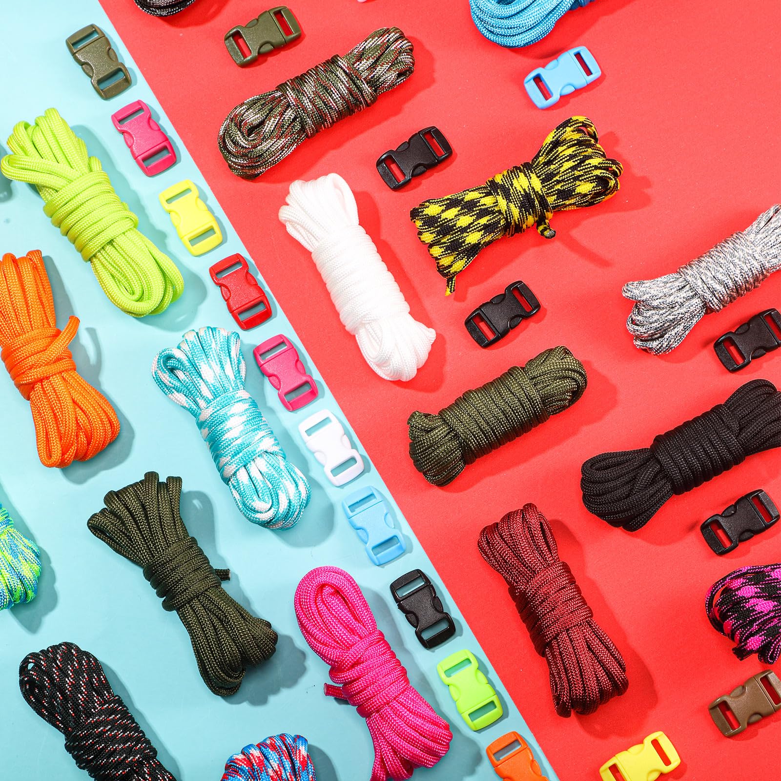 Kit Paracorde 550 - 20 Couleurs Avec Boucles - Pour Bracelets, Survie, Artisanat - Résistance 250 Kg (550 Lbs)