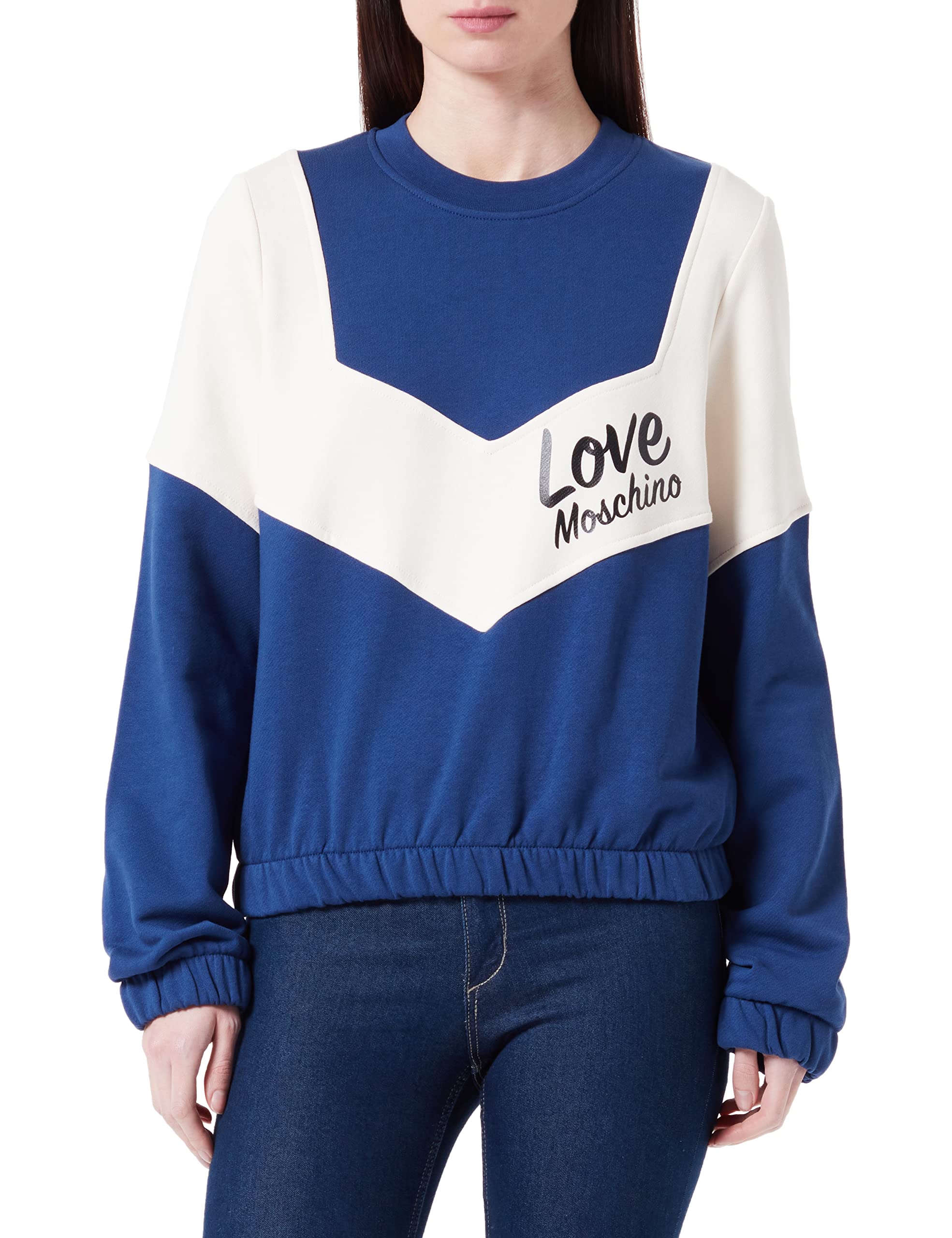 Love Moschino Regular fit Long-Sleeved Roundneck Sweatshirt in 100% Cotton Fleece with Contrast Color Inserts on The Front, Back and Sleeves and Italic Logo Print on The Front.