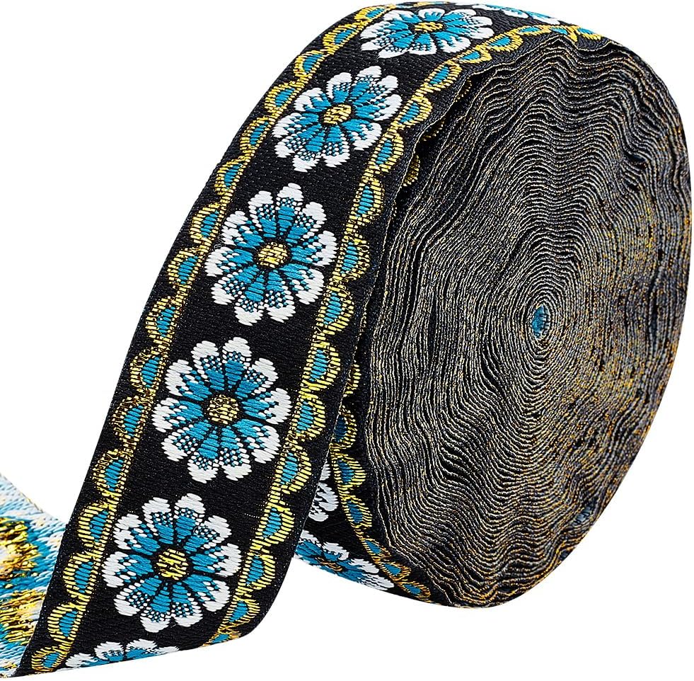 PH PandaHall 10 Yards Jacquard Trim Ribbon, 1.3 Inch Flower Fabric Fringe Polyester Woven Fabric Trim for DIY Sewing Crafting Embellishments Clothing Home Decor Gift Wrapping, Blue