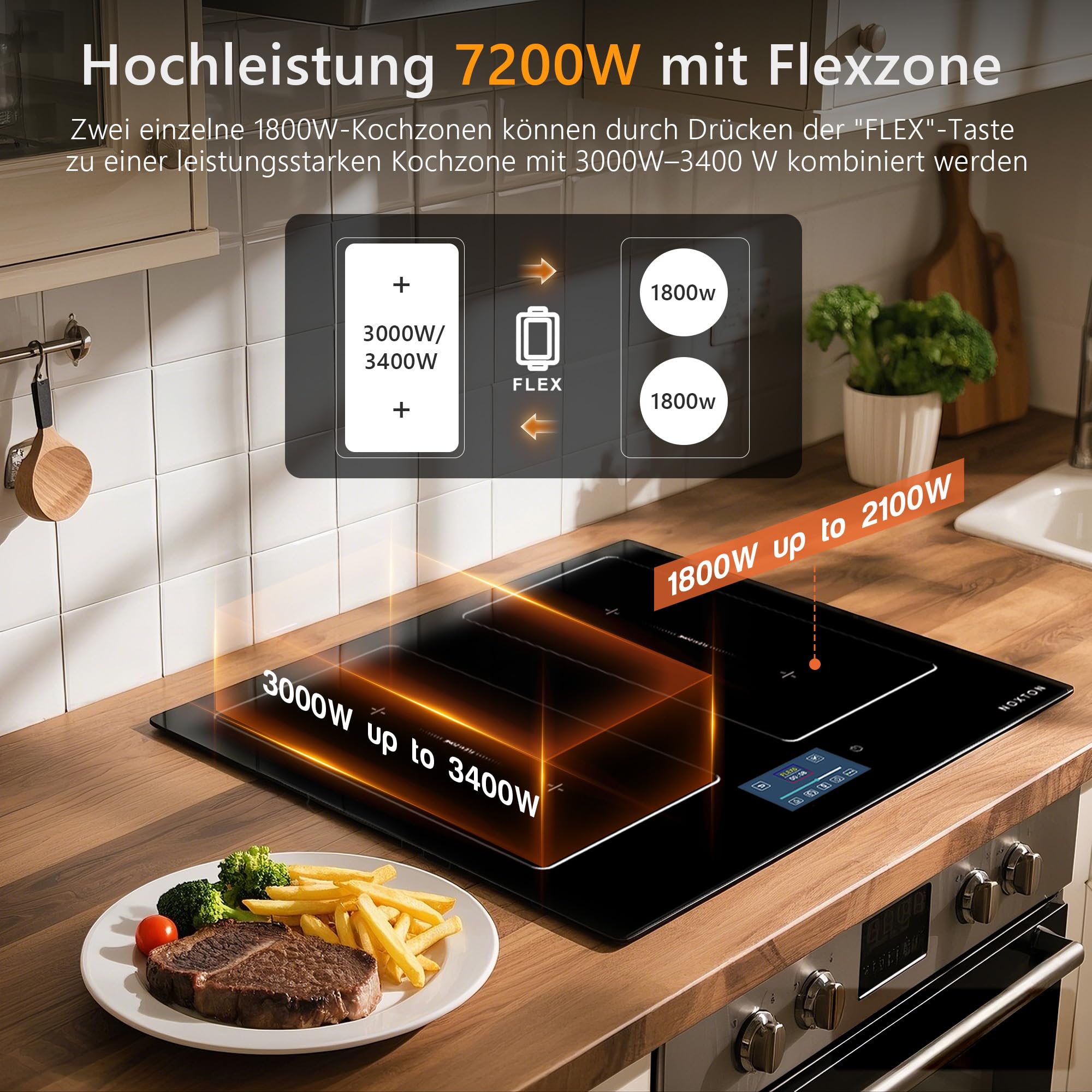 Induktionskochfeld 60cm 4 Platten, Induktion Einbau mit 2 Flexzonen, 7200W | Induktionsfeld Einbau mit 2 Flexzonen, 9 Stufen, Autark Induktion Kochfeld mit Timer, Sicherheitsschloss, 220-240V