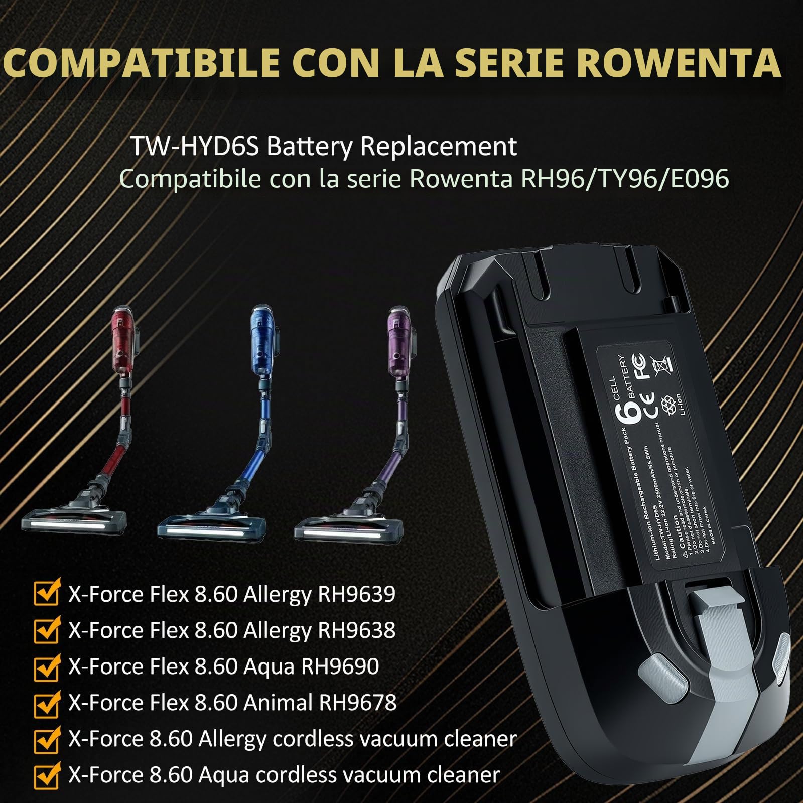 Batteria di ricambio agli ioni di litio da 22,2 V per Rowenta X-Force Flex serie 8.60, compatibile con RH9638, RH9639, RH9678, RH9690 e TY96 EO96, sostituisce batteria ZR009700, potente e durevole