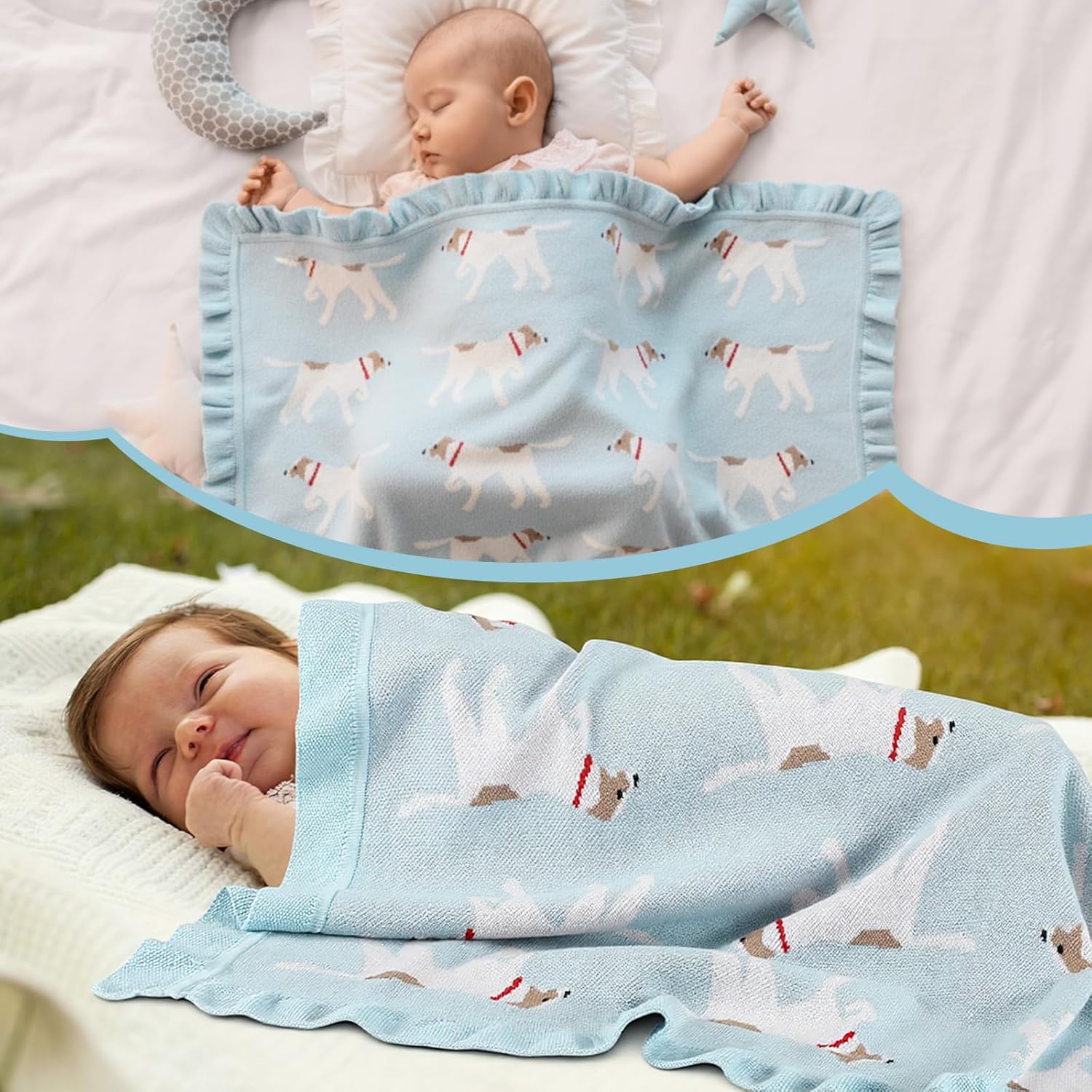 100% Cotton Knit Baby Blanket 40" L x 32" W Blue Soft Cozy Knit Sheep Blanket with Cute Dog Design for Newborns Infants Toddlers Ideal Shower Gift for Boys Girls - Image 6