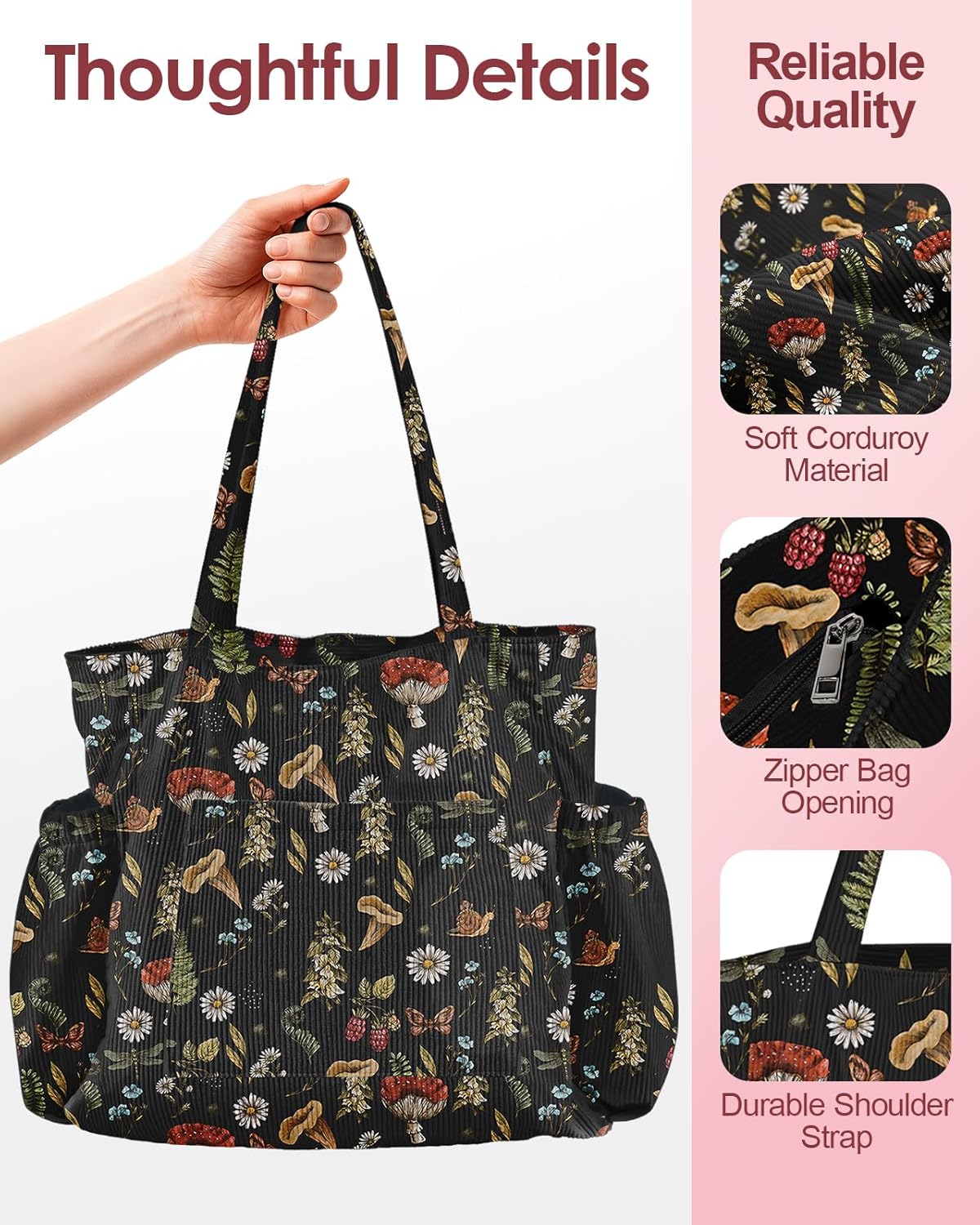 Cute Corduroy Tote Bag for Women - Large Capacity Multi-Pocket Shoulder Bag with Zipper - Image 6