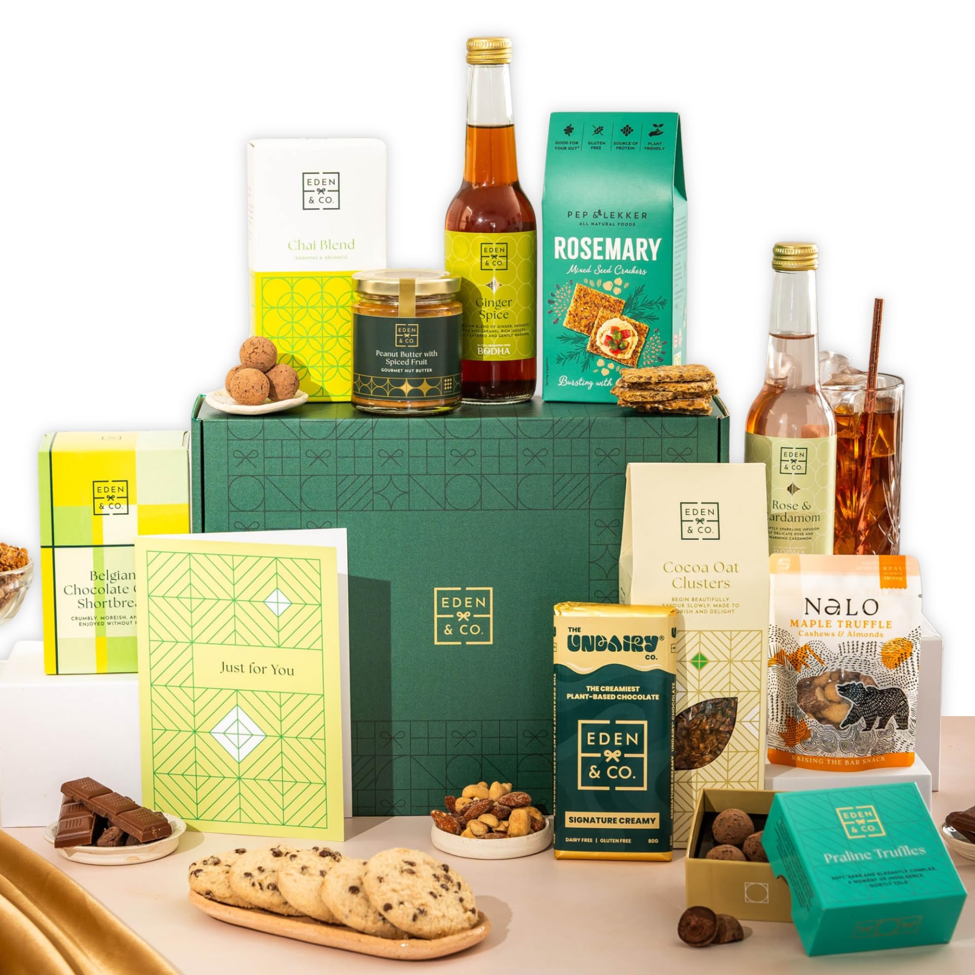 Just Because Vegan Gift Hamper Basket, Luxury Gourmet Gifts for Women, Men, Couples, with Vegan Chocolate by EDEN & CO - Plus Non-Alcoholic Mocktail