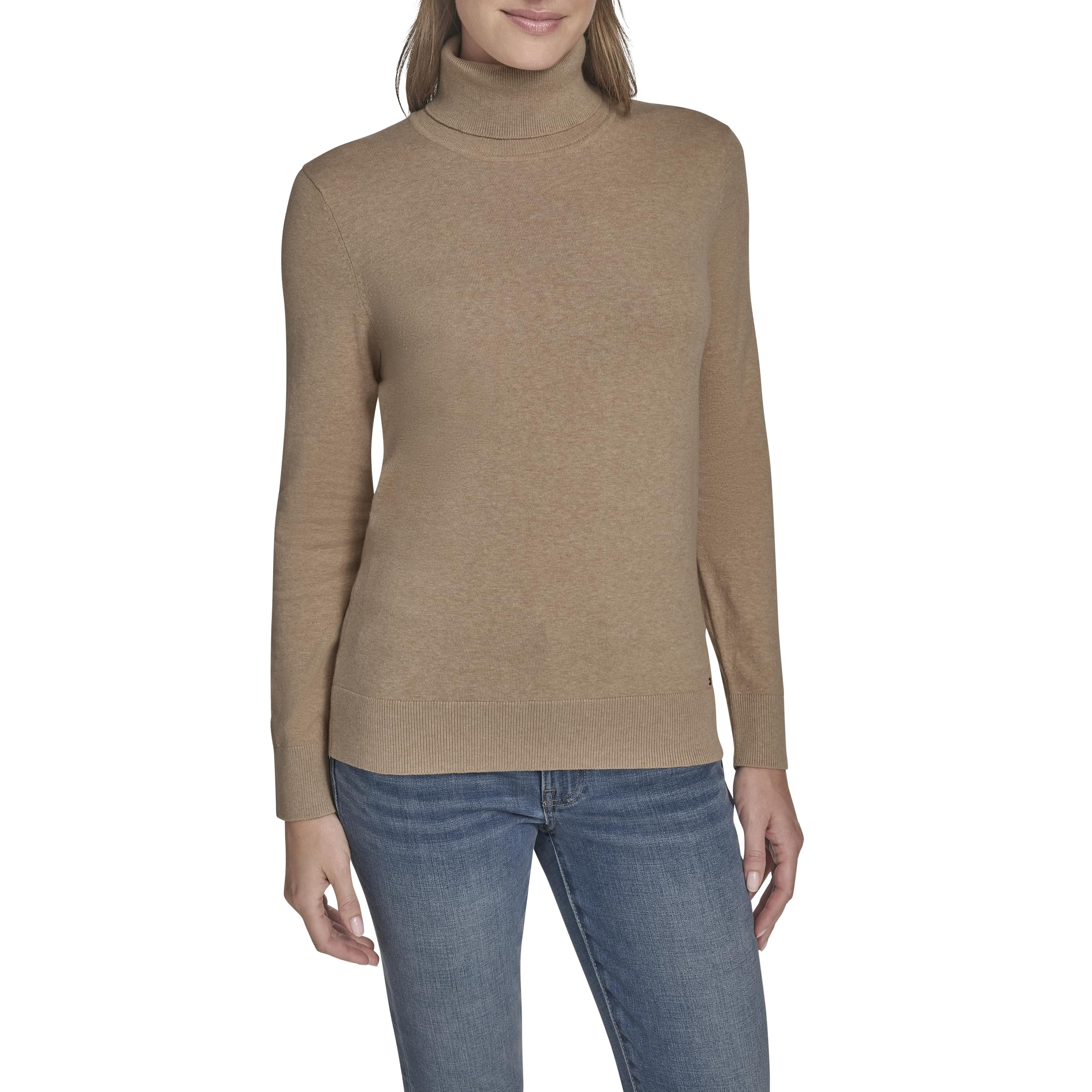 Tommy Hilfiger Womens Cotton Lightweight Turtleneck Sweater, Light Heather Fawn, Small